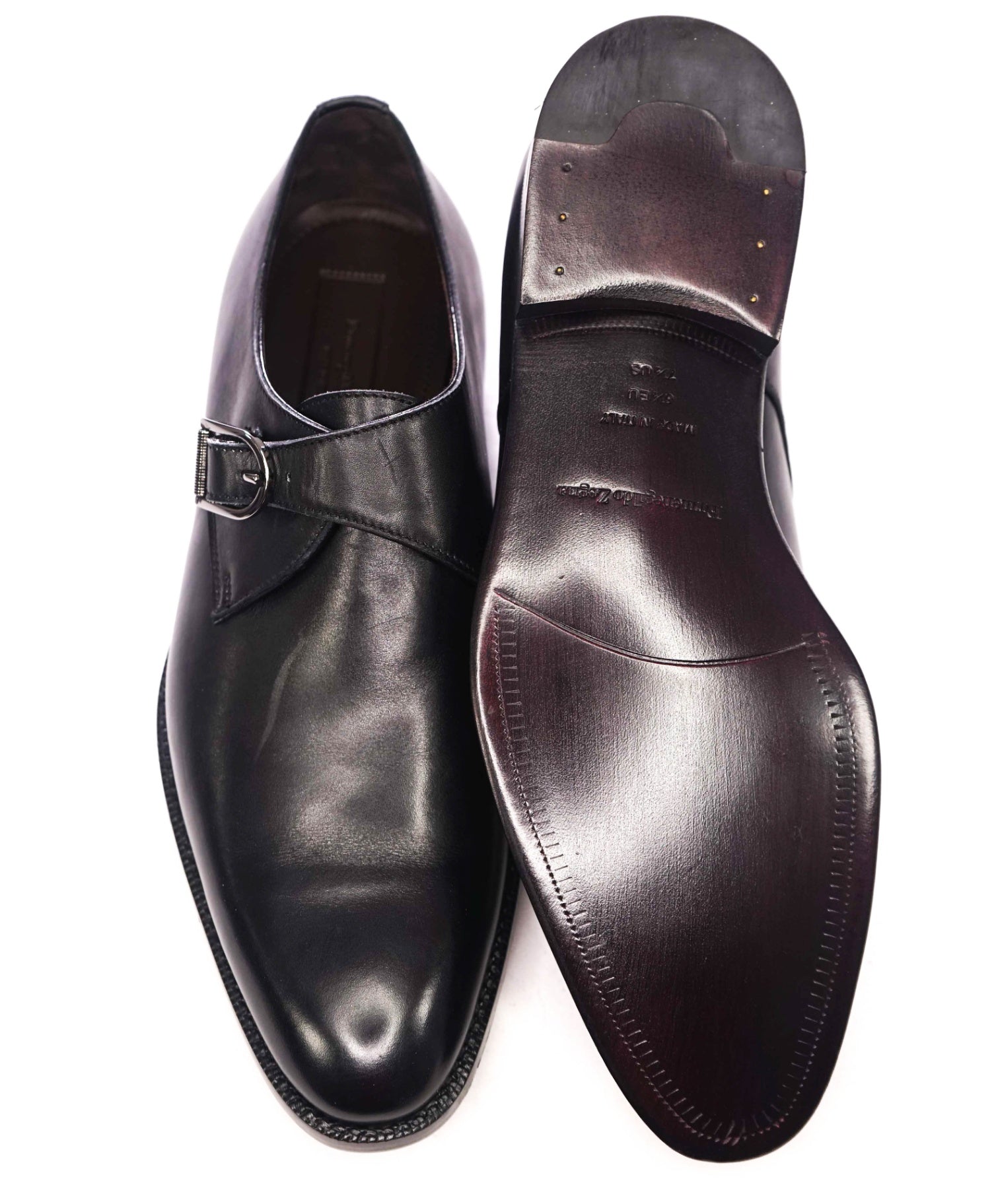 $850 ZEGNA - Black Leather Single Monk Loafers - US 7.5 (6.5UK)