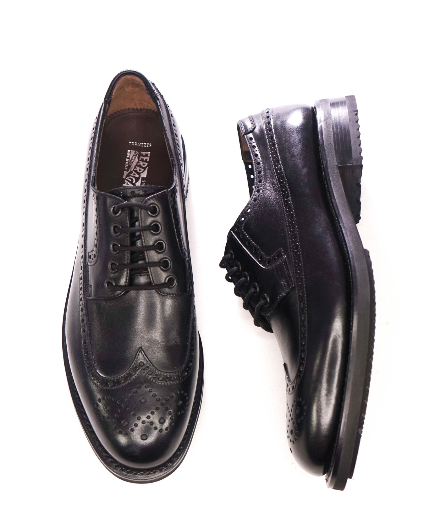 $1,250 FERRAGAMO - "TRAMEZZA" Black Wingtip Leather Derby - 11 D