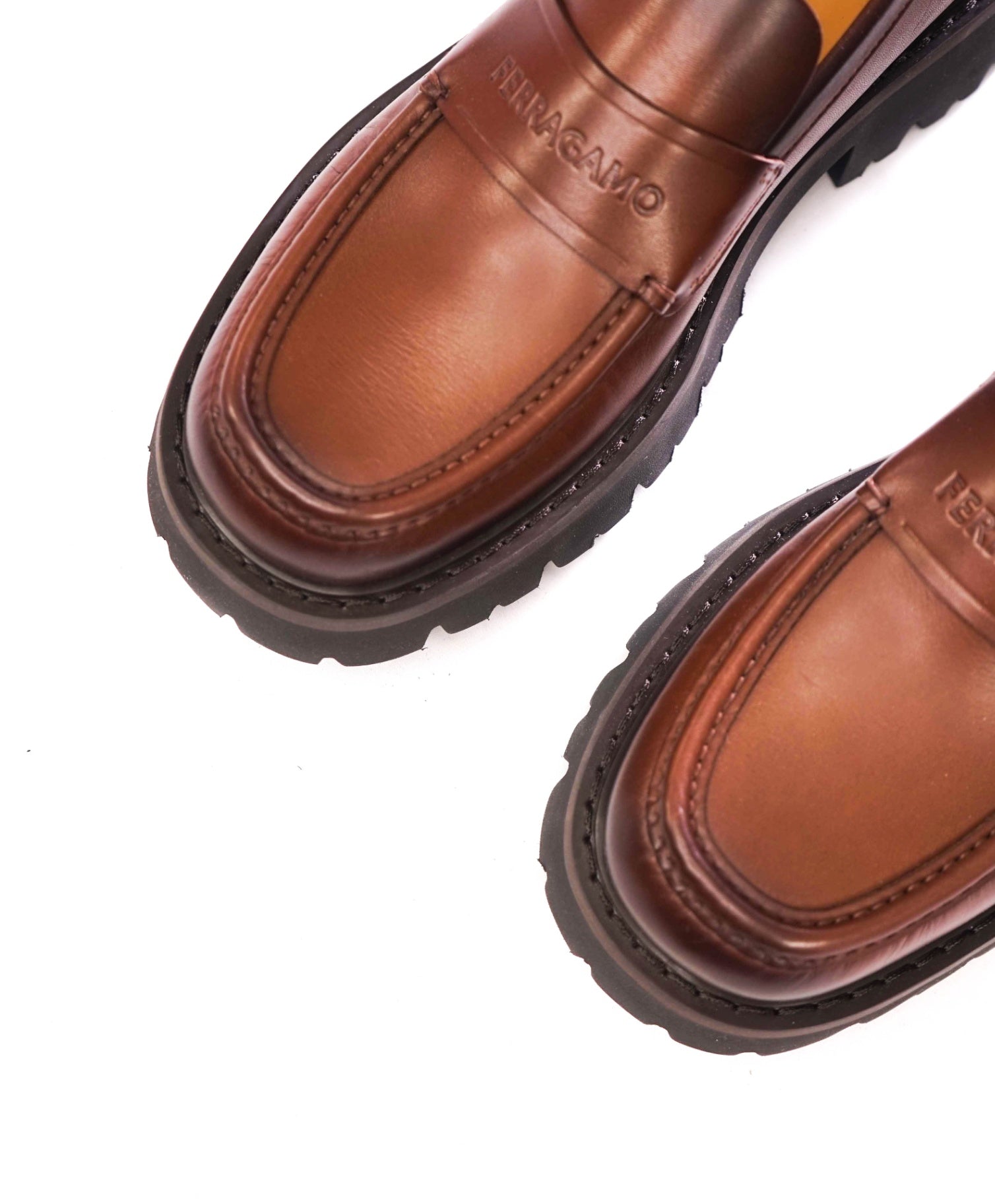 $995 FERRAGAMO - Leather Brown "FERGAL" Lug Sole Loafers - 10 EE