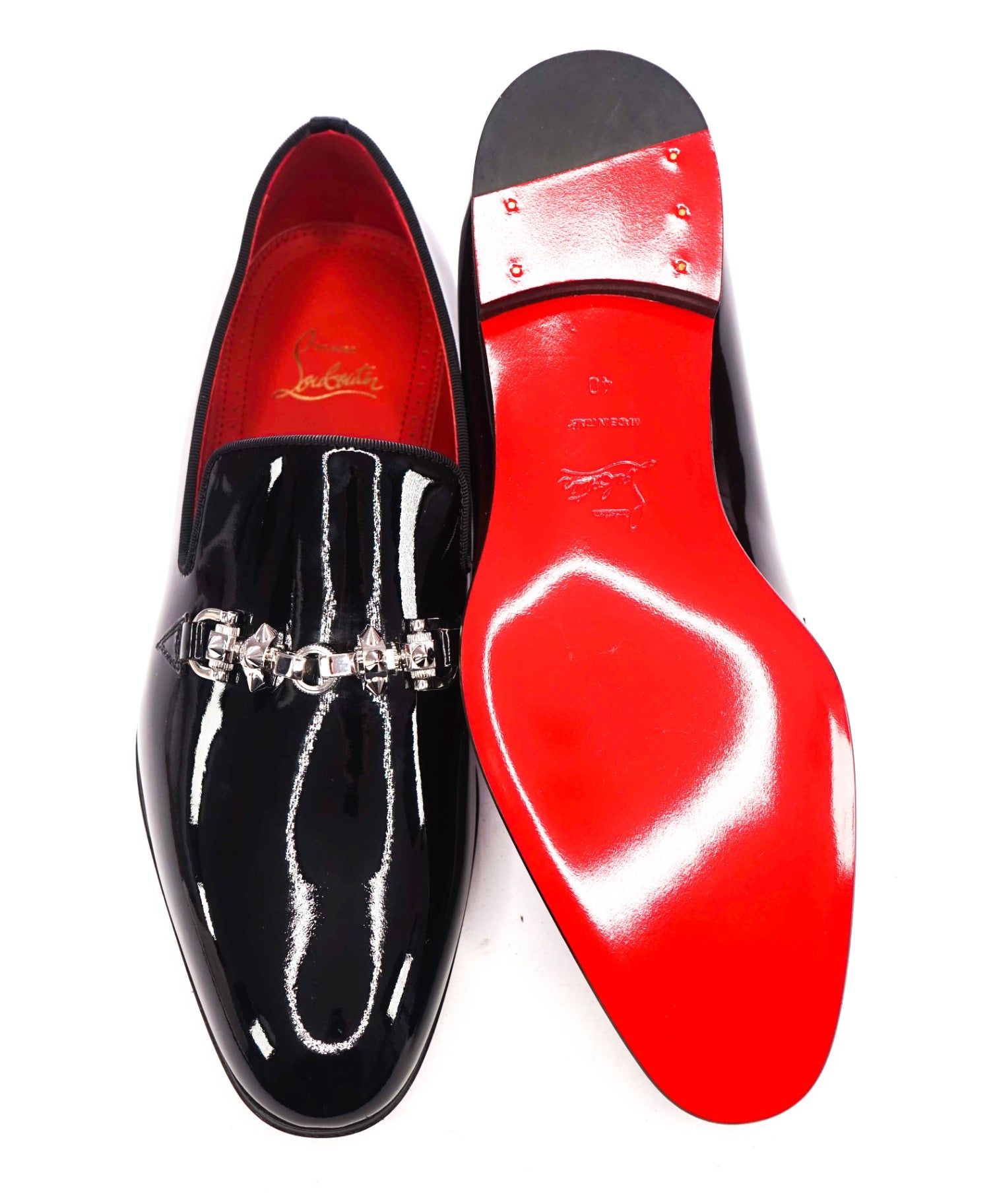 $1,725 CHRISTIAN LOUBOUTIN - Black Patent Leather "EQUISWING" Loafers - US 7.5 (40.5EU)