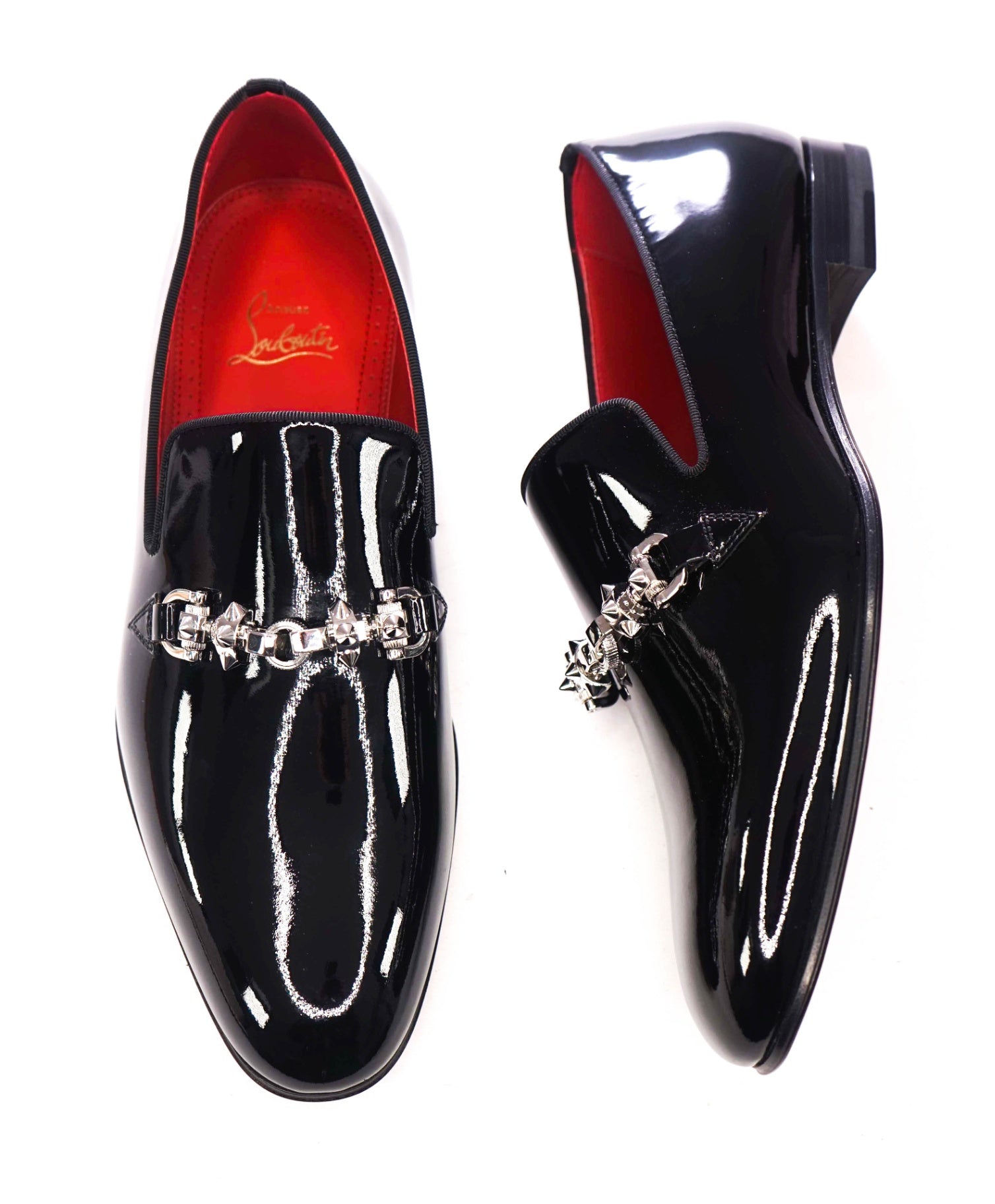$1,725 CHRISTIAN LOUBOUTIN - Black Patent Leather "EQUISWING" Loafers - US 7.5 (40.5EU)