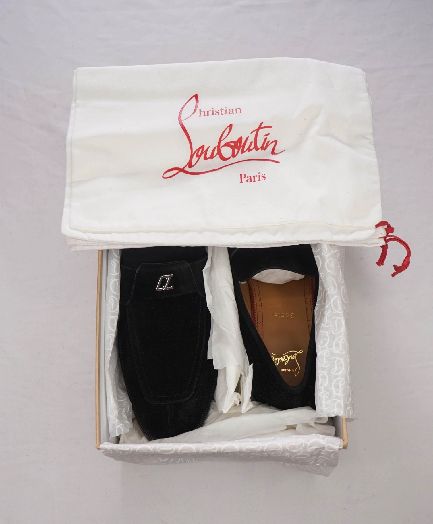 $1,100 CHRISTIAN LOUBOUTIN - Black Suede "VARSIMOC" Loafers - US 12 (45EU)
