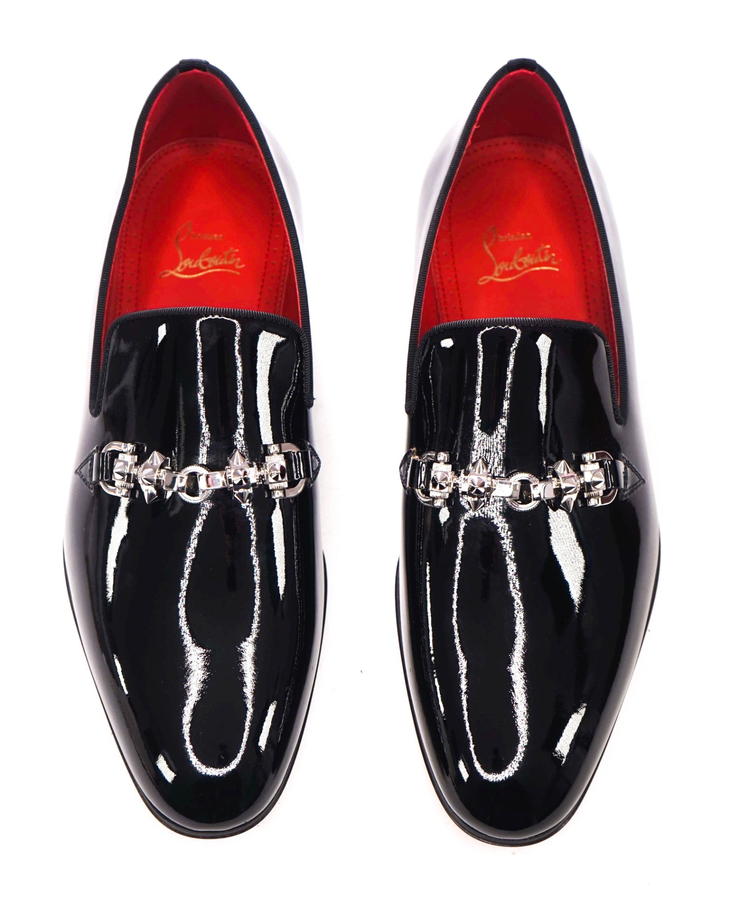 $1,725 CHRISTIAN LOUBOUTIN - Black Patent Leather "EQUISWING" Loafers - US 7.5 (40.5EU)
