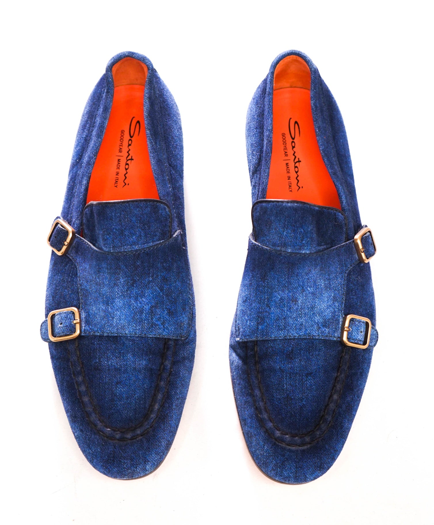 $1,050 SANTONI - Blue Denim "GOODYEAR" Monk Loafers  - US 10 (9UK)
