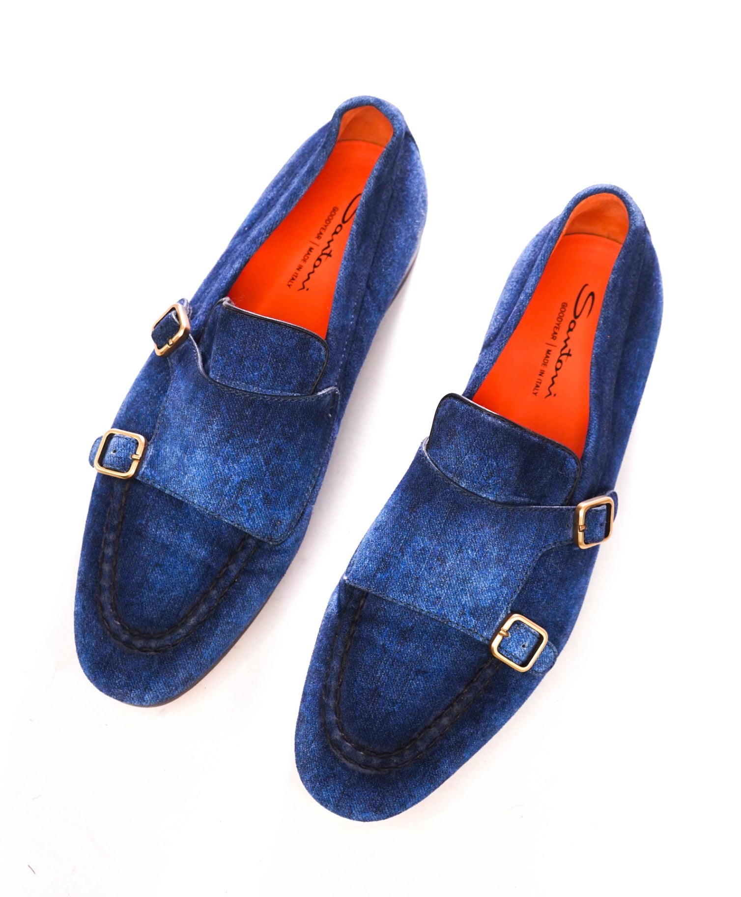 $1,050 SANTONI - Blue Denim "GOODYEAR" Monk Loafers  - US 10 (9UK)