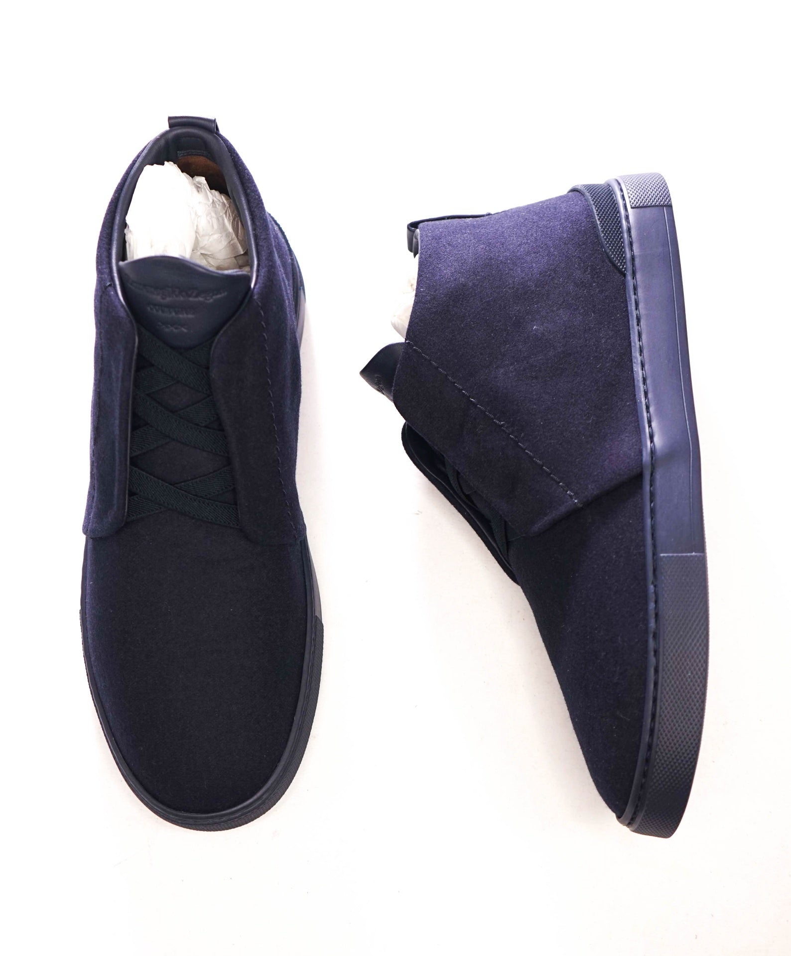 $850 ZEGNA - Navy Triple Stitch High-Top Flannel Sneakers - US 9 (8UK