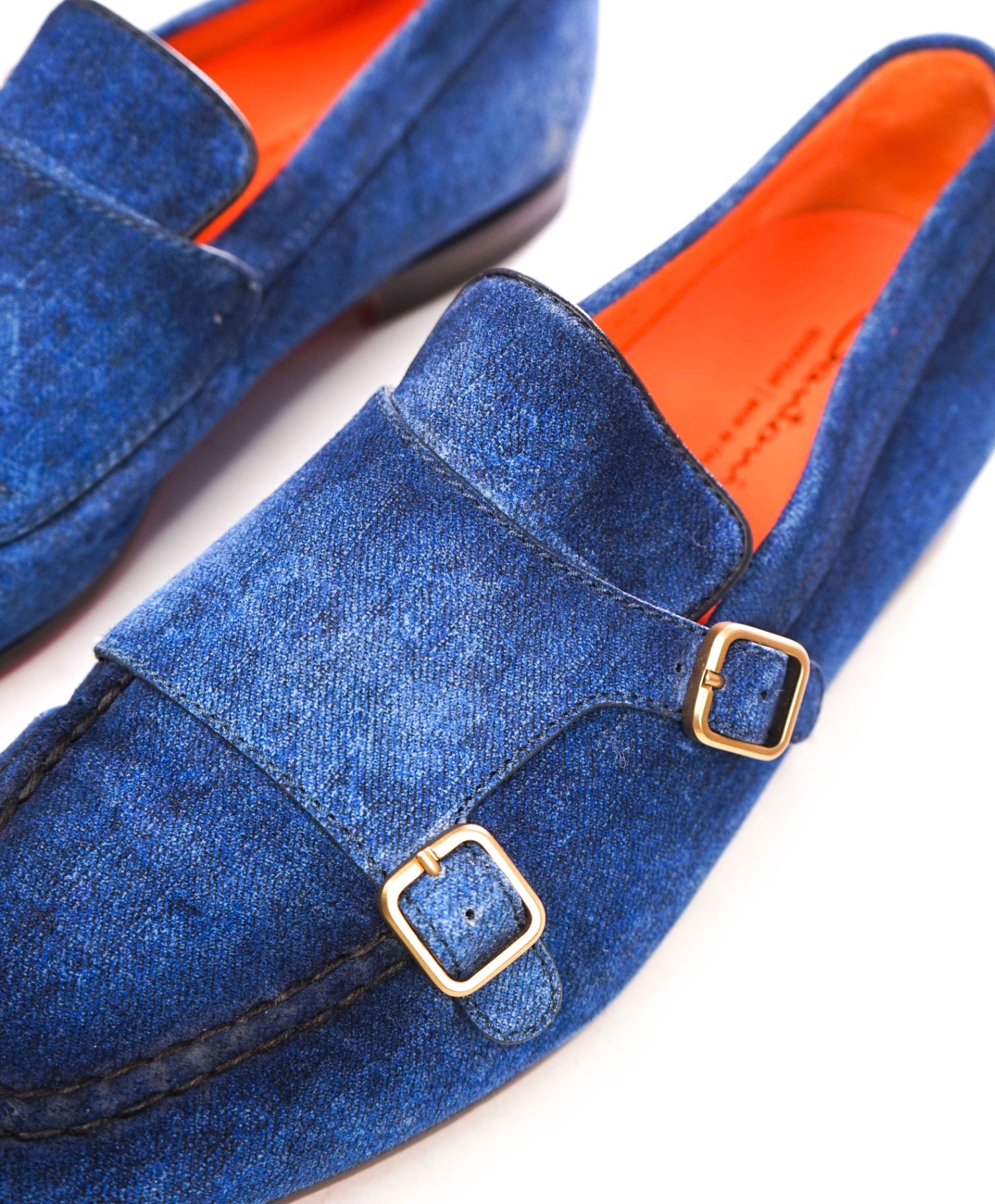 $1,050 SANTONI - Blue Denim "GOODYEAR" Monk Loafers  - US 10 (9UK)