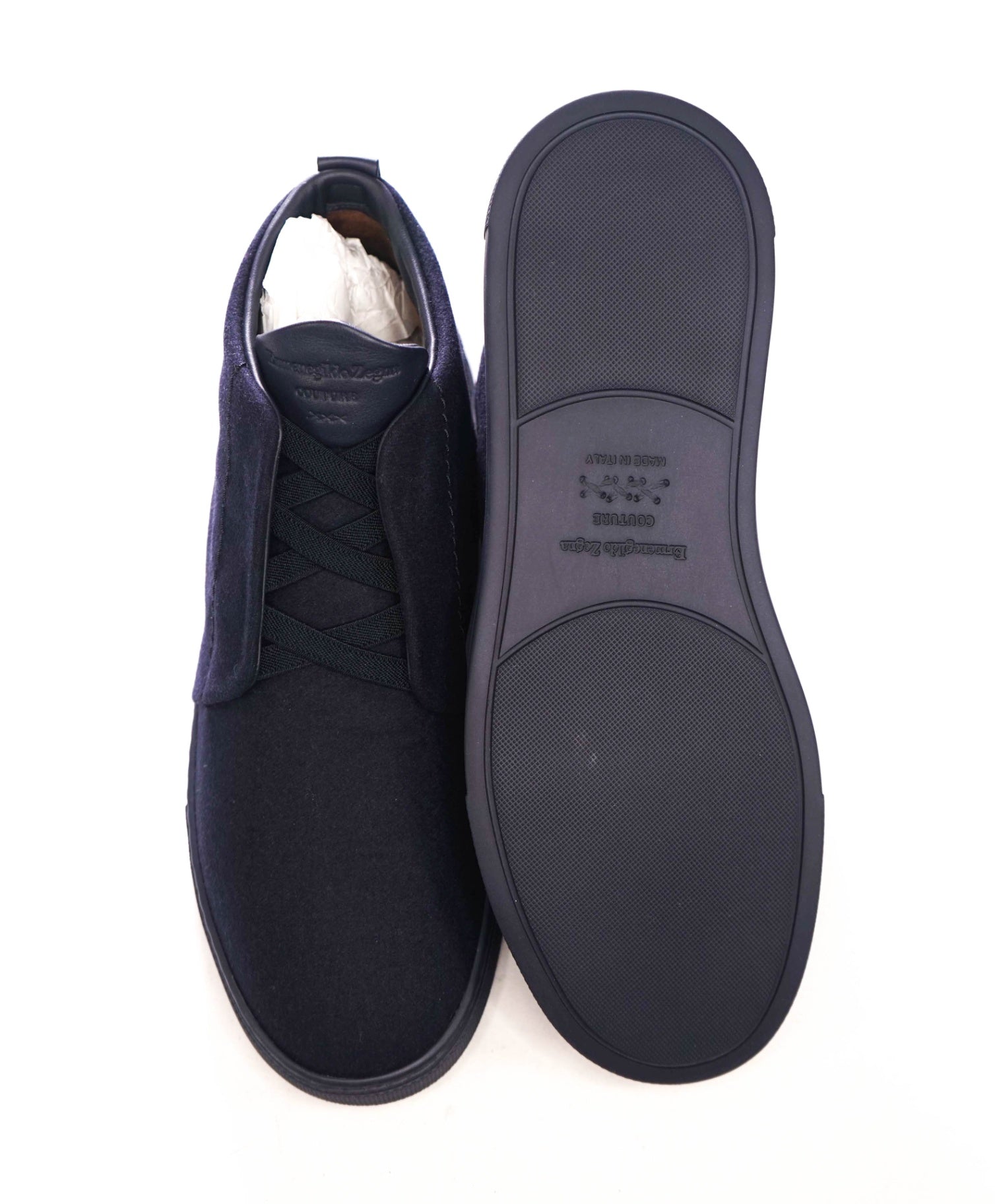 $850 ZEGNA - Navy Triple Stitch High-Top Flannel Sneakers - US 9 (8UK