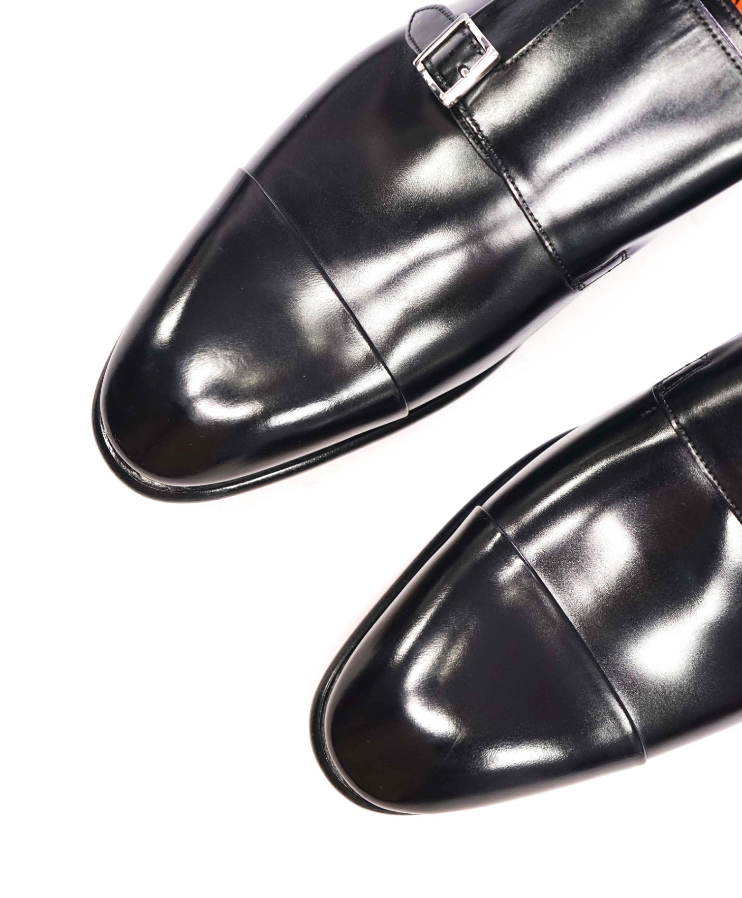 $1,595 SANTONI - Black "GOODYEAR" Leather Monk Straps - US 10 (9UK)