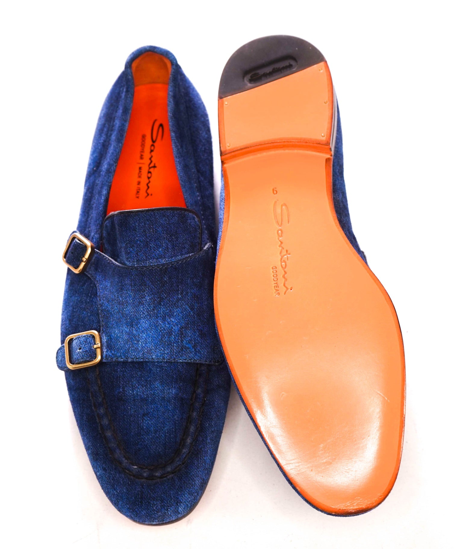 $1,050 SANTONI - Blue Denim "GOODYEAR" Monk Loafers  - US 10 (9UK)