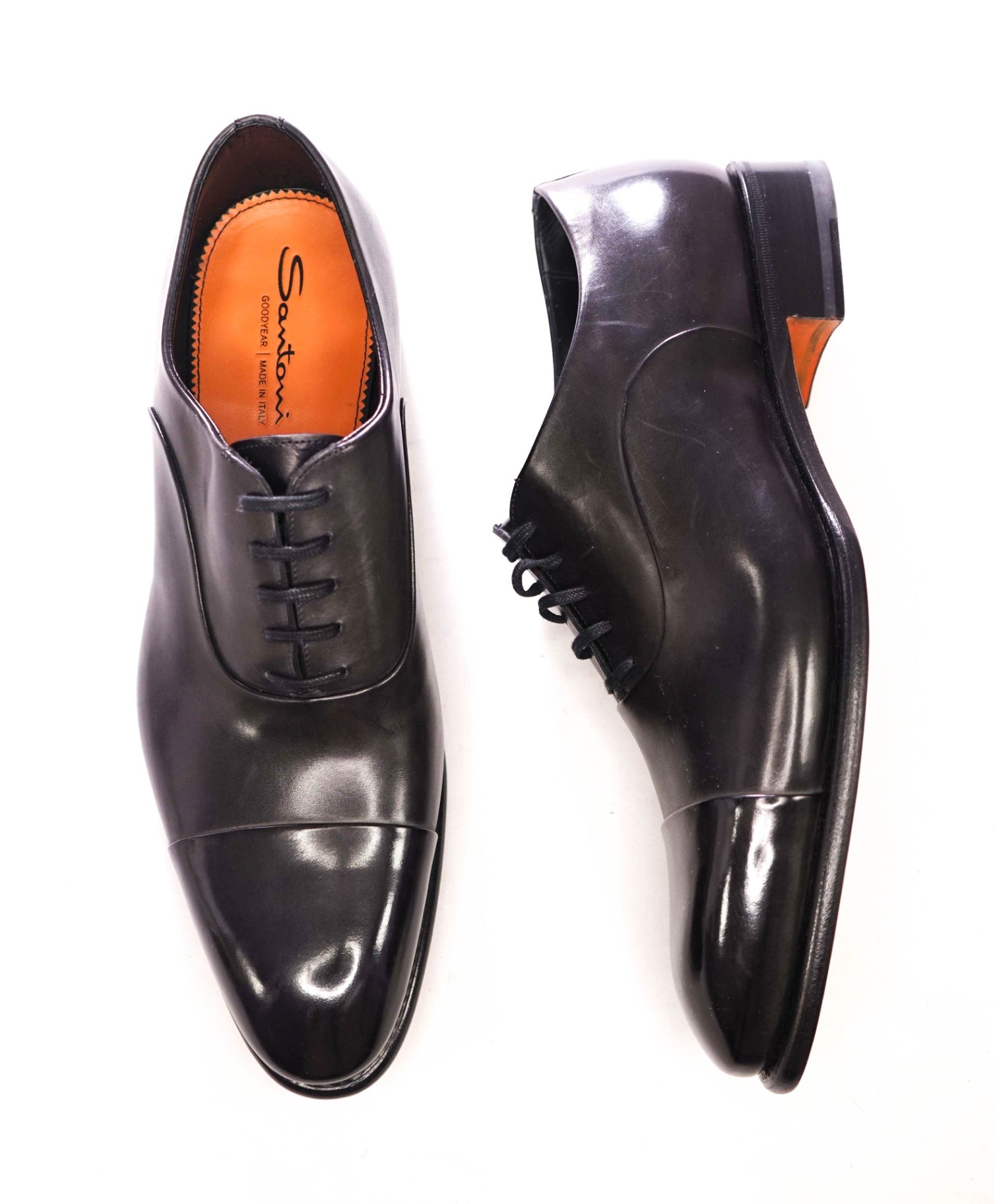 $1,150 SANTONI - Black "GOODYEAR" Leather Oxfords - US 11.5 (10.5UK)