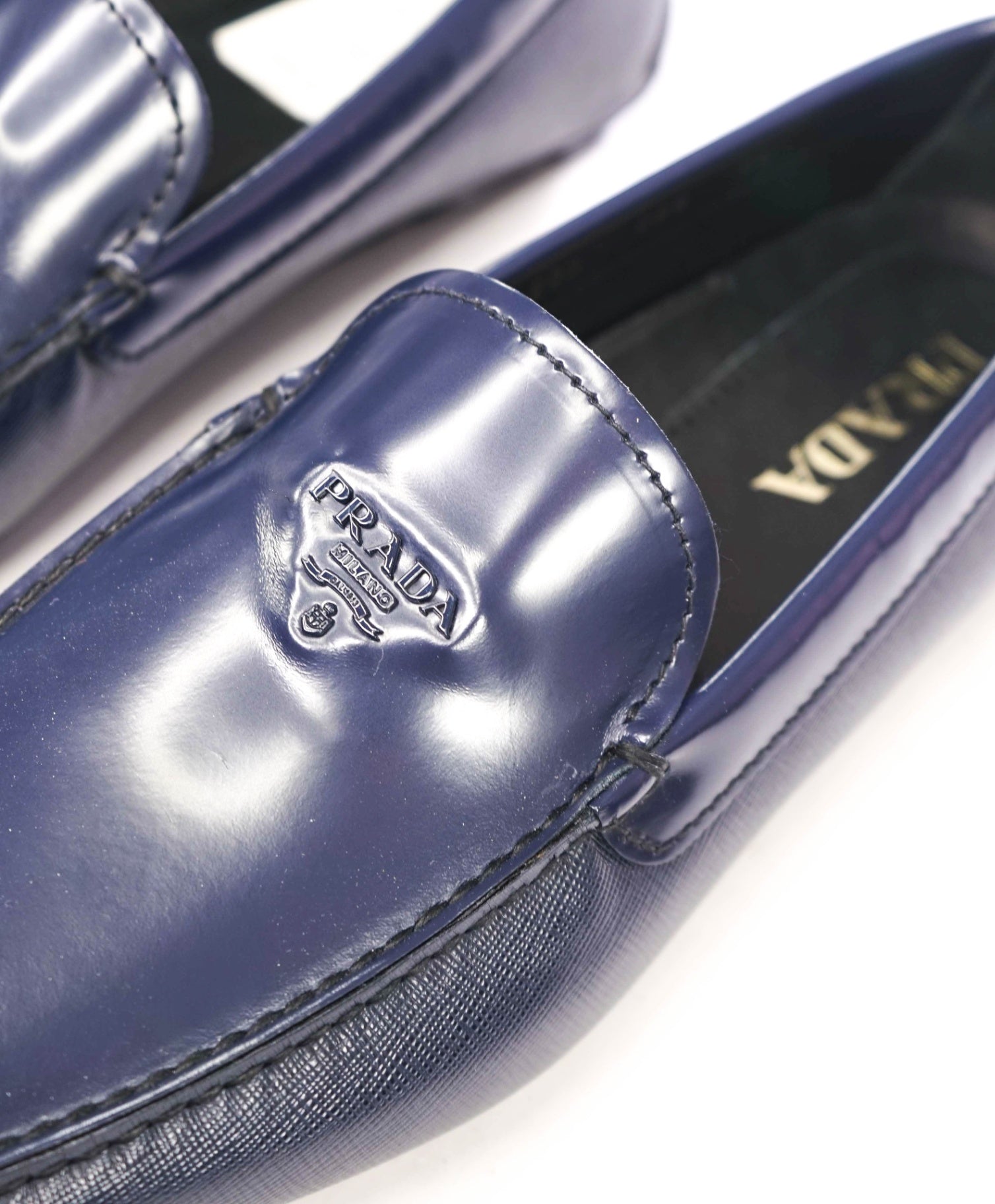$850 PRADA - Blue Leather "CALZATURE UOMO" Loafers - US 10.5 (9.5UK)