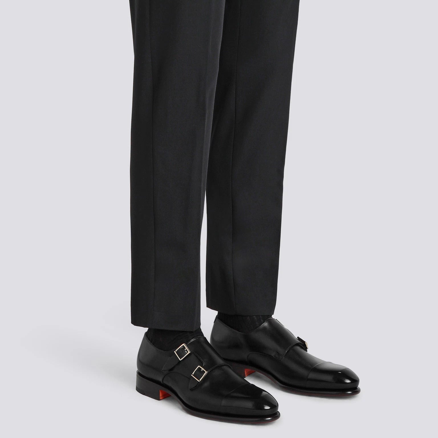 $1,595 SANTONI - Black "GOODYEAR" Leather Monk Straps - US 10 (9UK)