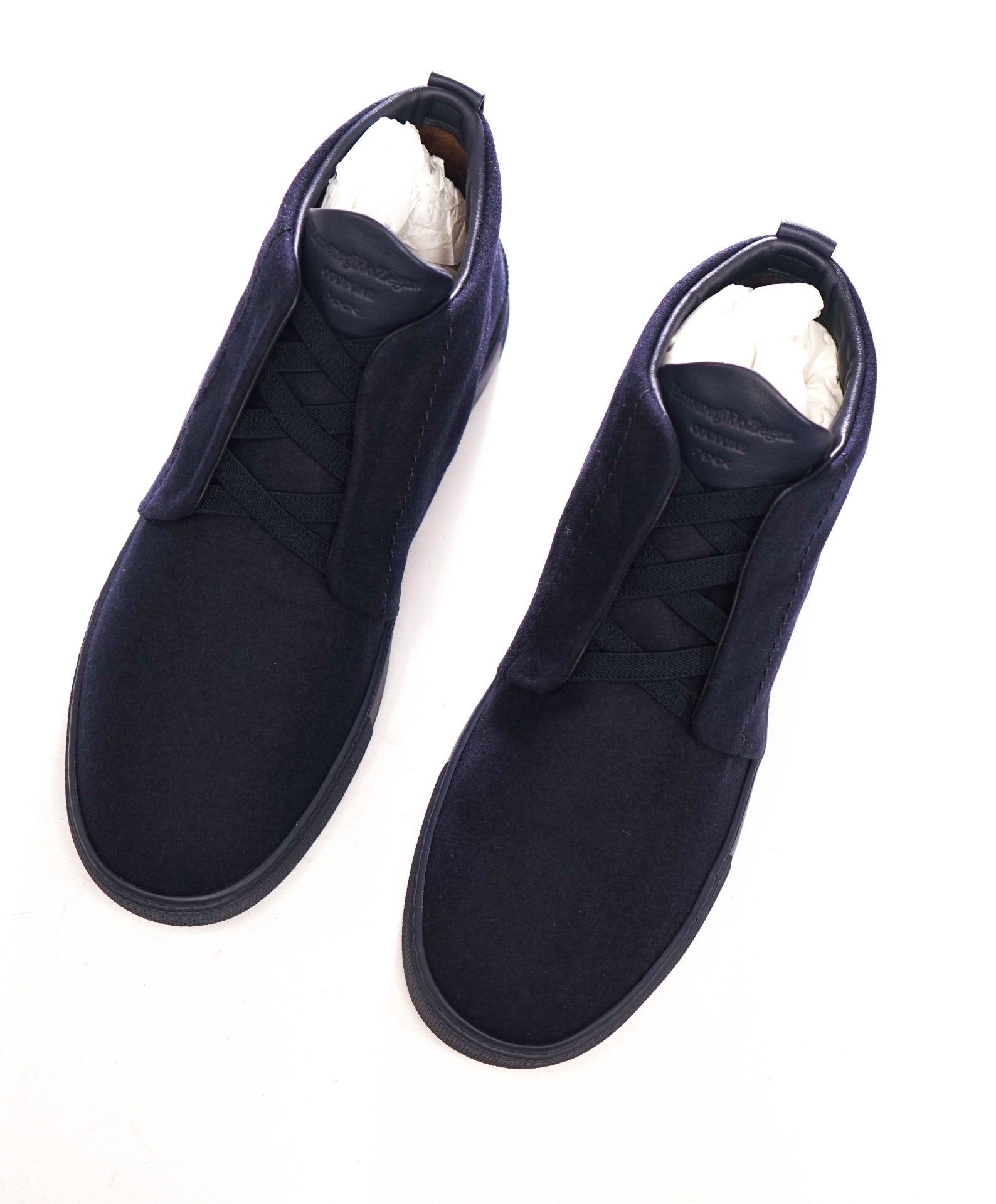 $850 ZEGNA - Navy Triple Stitch High-Top Flannel Sneakers - US 9 (8UK