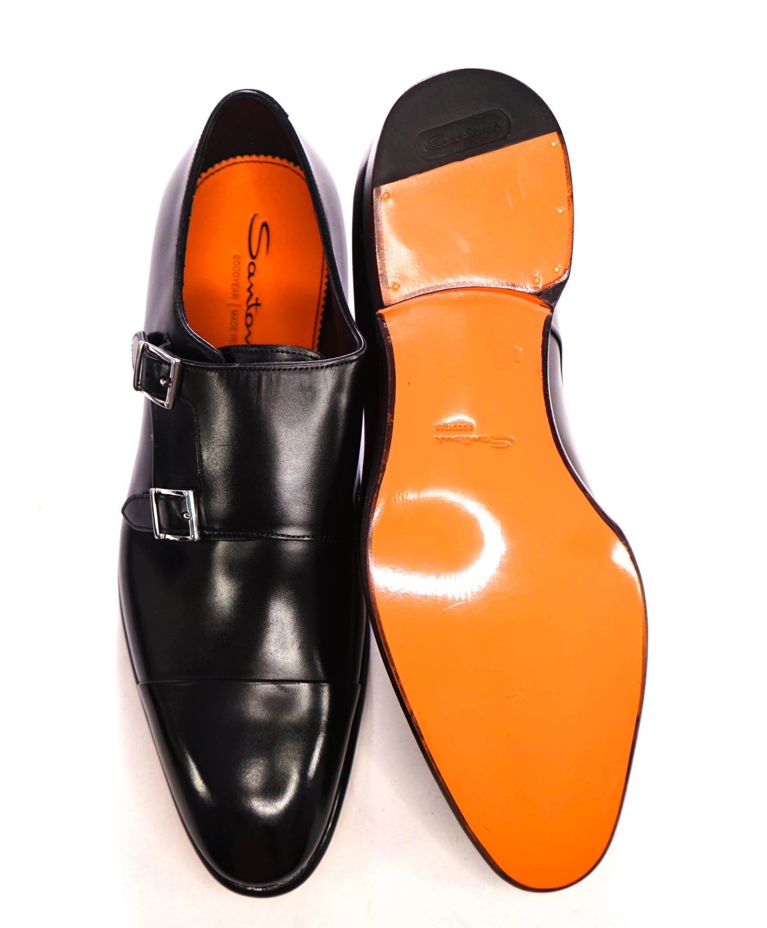$1,595 SANTONI - Black "GOODYEAR" Leather Monk Straps - US 10 (9UK)
