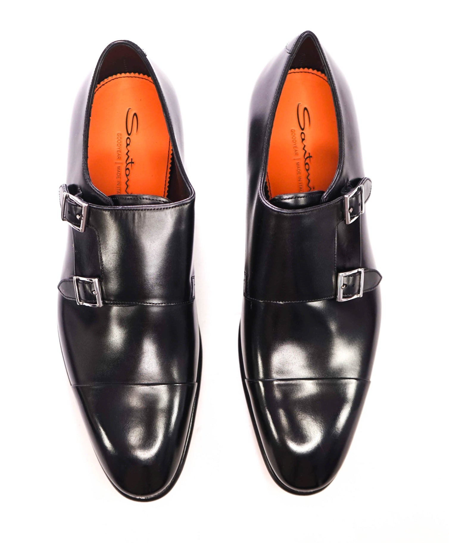 $1,595 SANTONI - Black "GOODYEAR" Leather Monk Straps - US 10 (9UK)