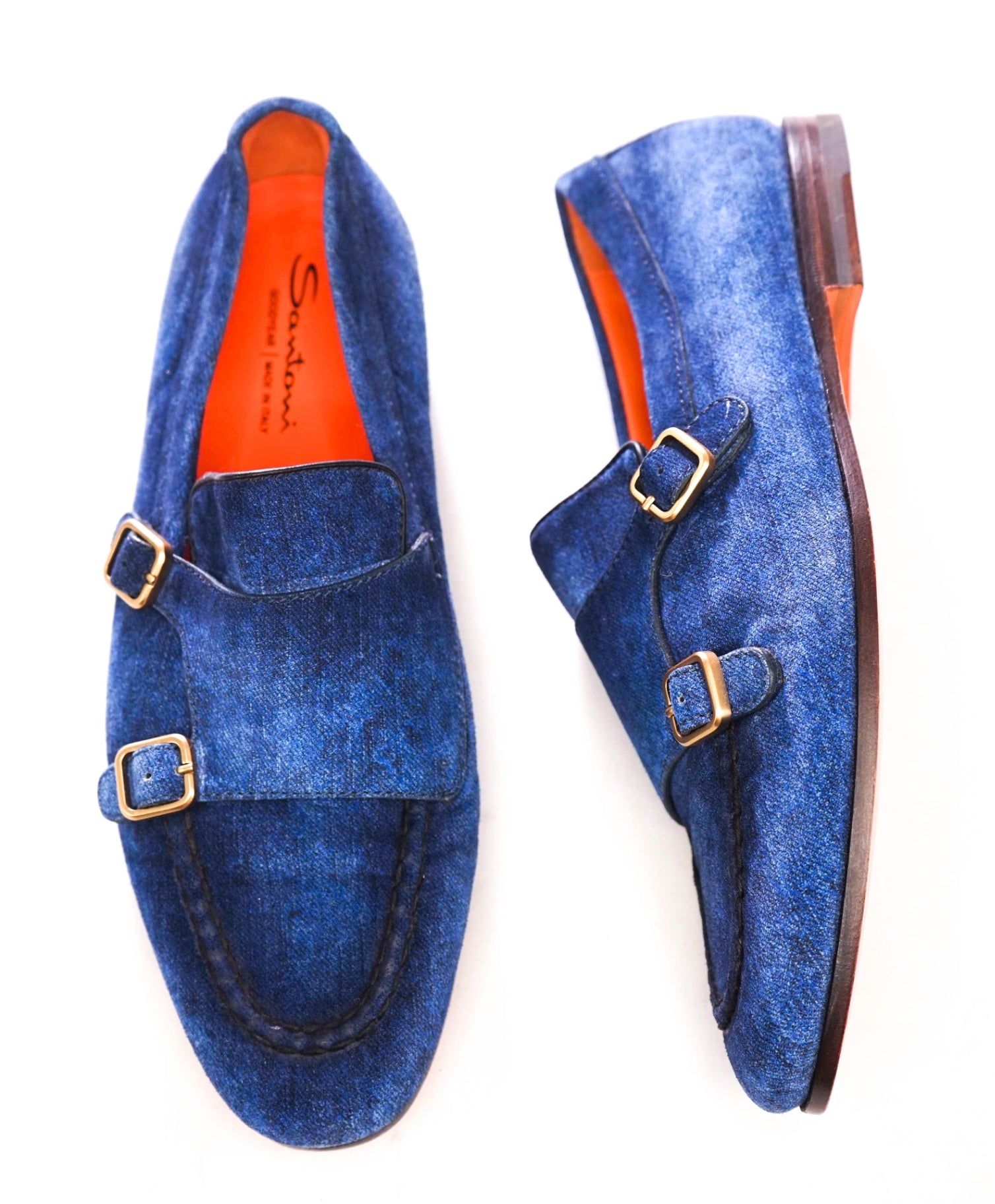$1,050 SANTONI - Blue Denim "GOODYEAR" Monk Loafers  - US 10 (9UK)