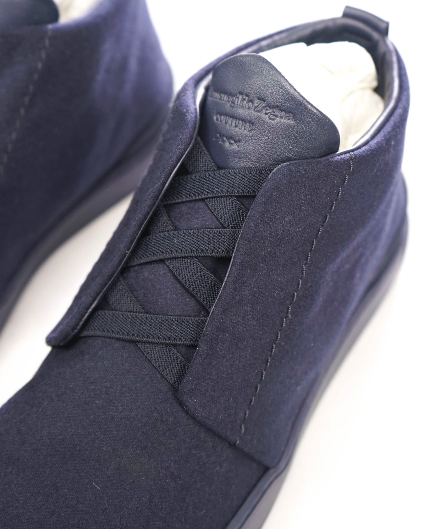 $850 ZEGNA - Navy Triple Stitch High-Top Flannel Sneakers - US 9 (8UK