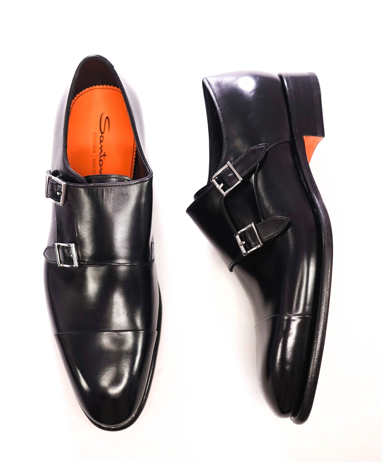 $1,595 SANTONI - Black "GOODYEAR" Leather Monk Straps - US 10 (9UK)