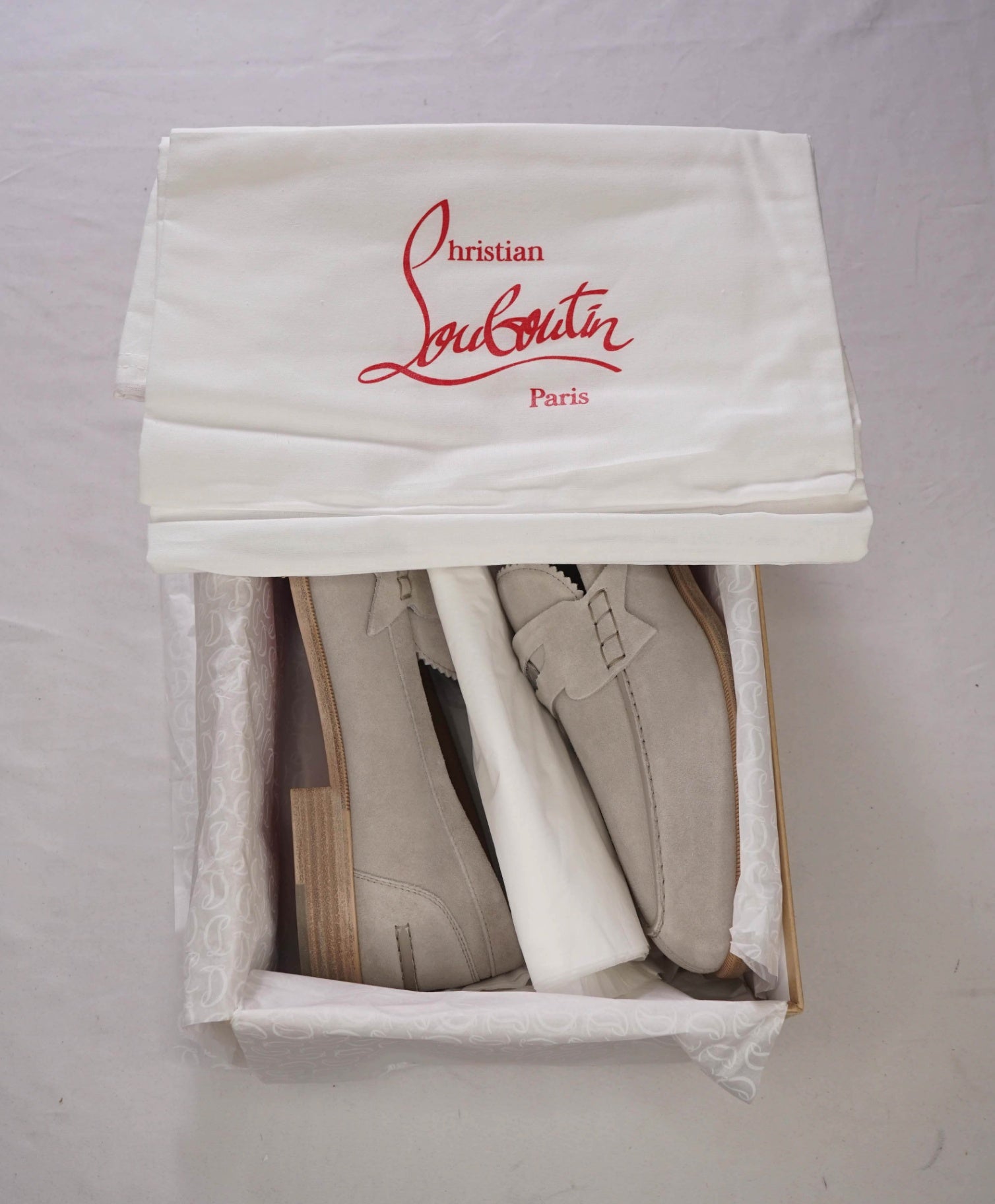 $1,145 CHRISTIAN LOUBOUTIN - Gray Suede *PENNY* Loafers - US 11.5 (EU44.5)
