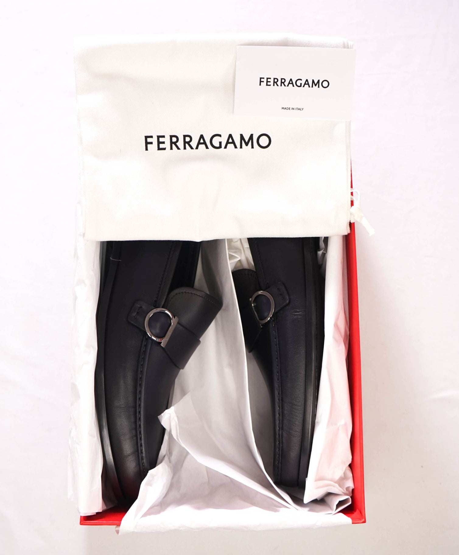 $850 FERRAGAMO - Midnight Blue Leather "DUOMO" Loafers - 11 E