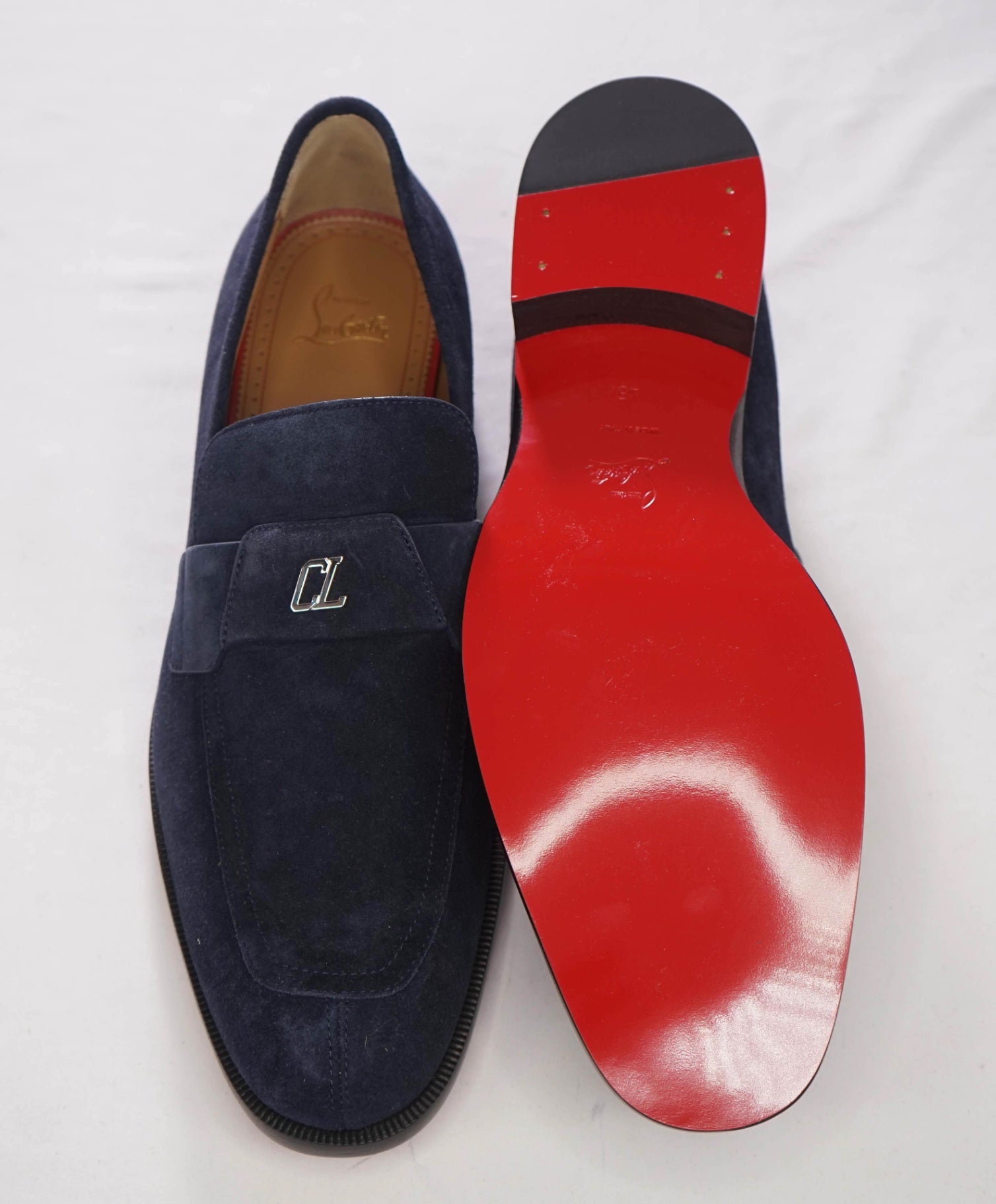 $1,100 CHRISTIAN LOUBOUTIN - Navy Blue Suede "VARSIMOC" Loafers - US 11.5 (44.5EU)