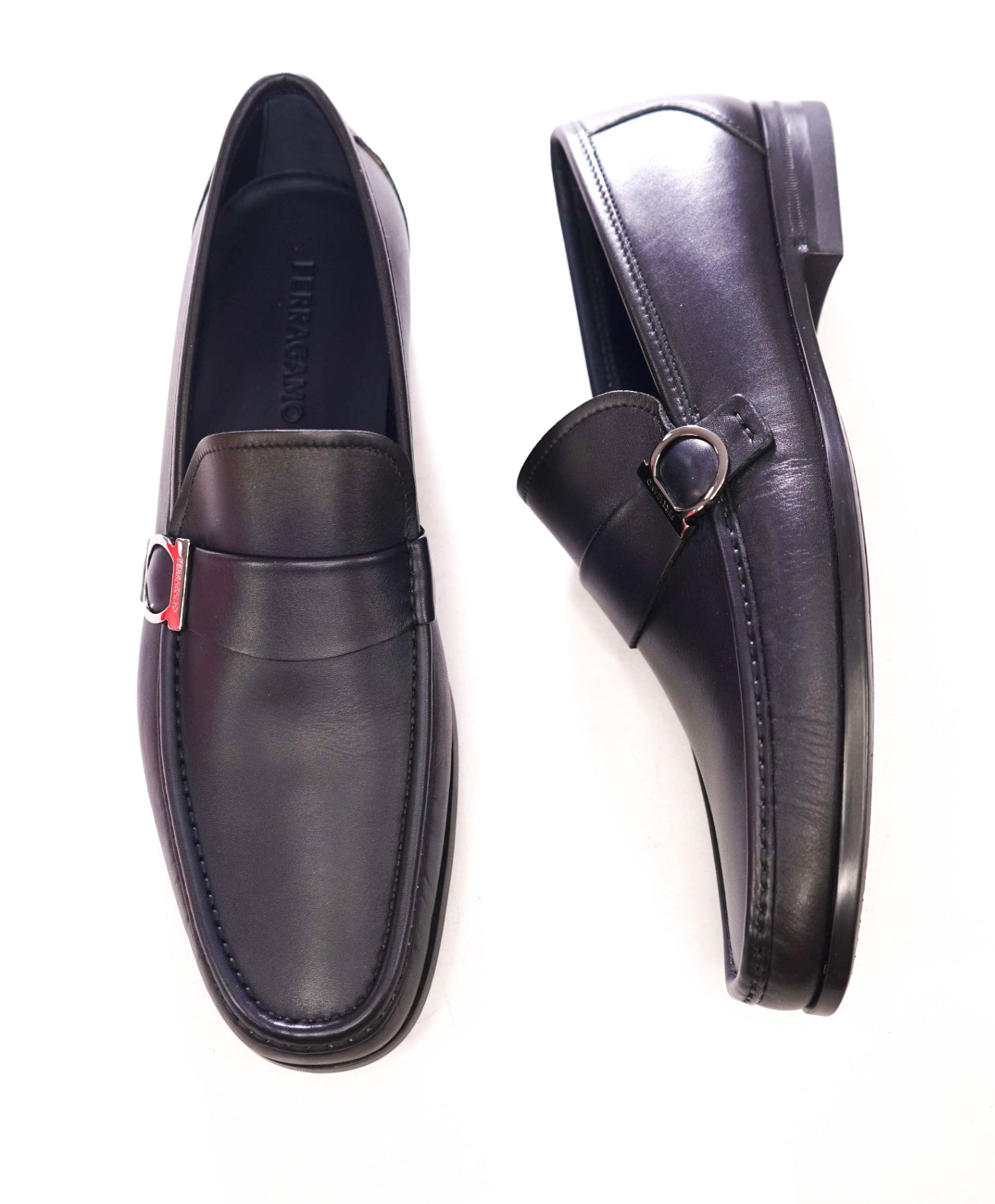 $850 FERRAGAMO - Midnight Blue Leather "DUOMO" Loafers - 11 E