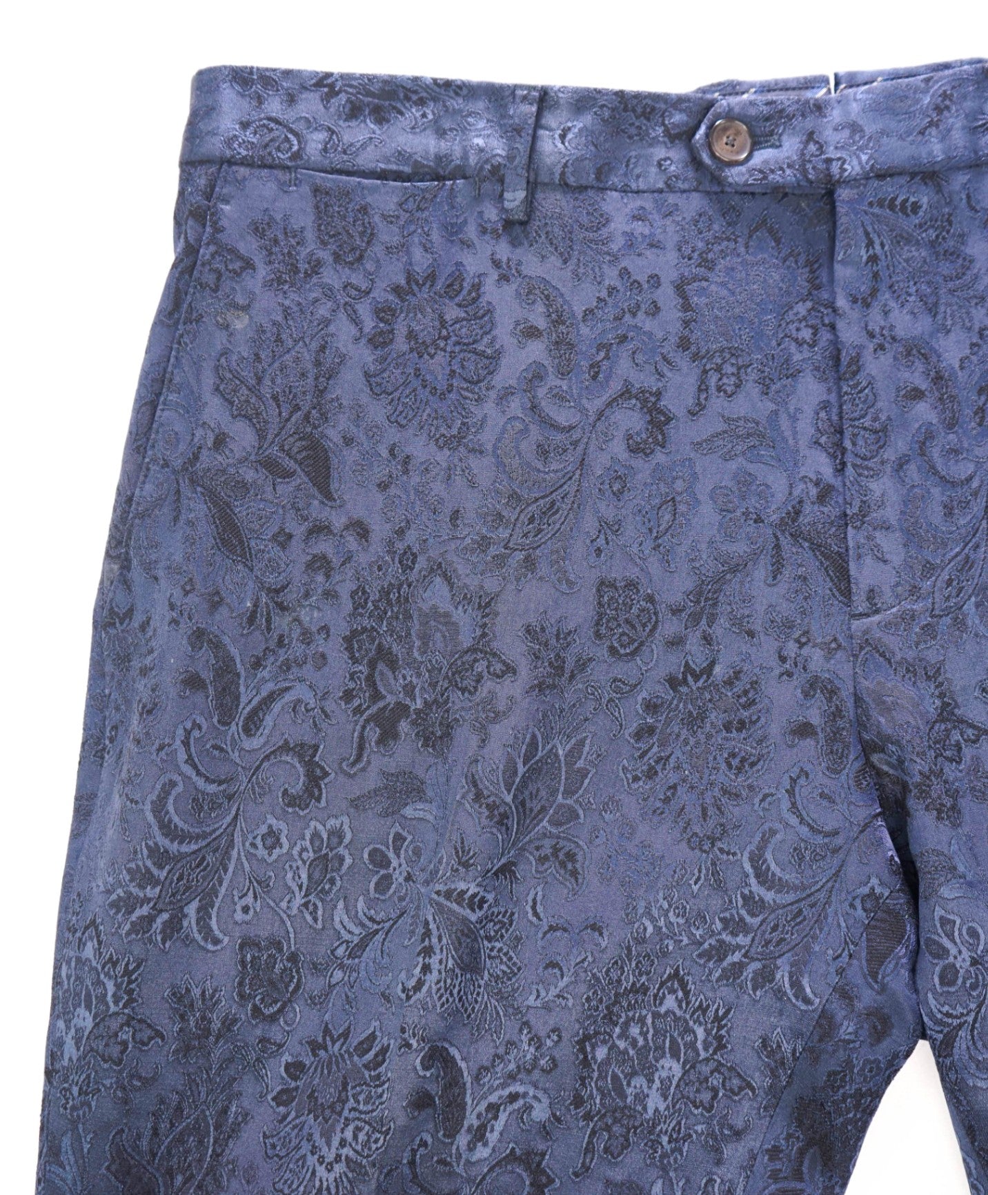 $790 ETRO - Jacquard Navy Blue Floral Wool/Silk Slim-Fit Pants - 37W
