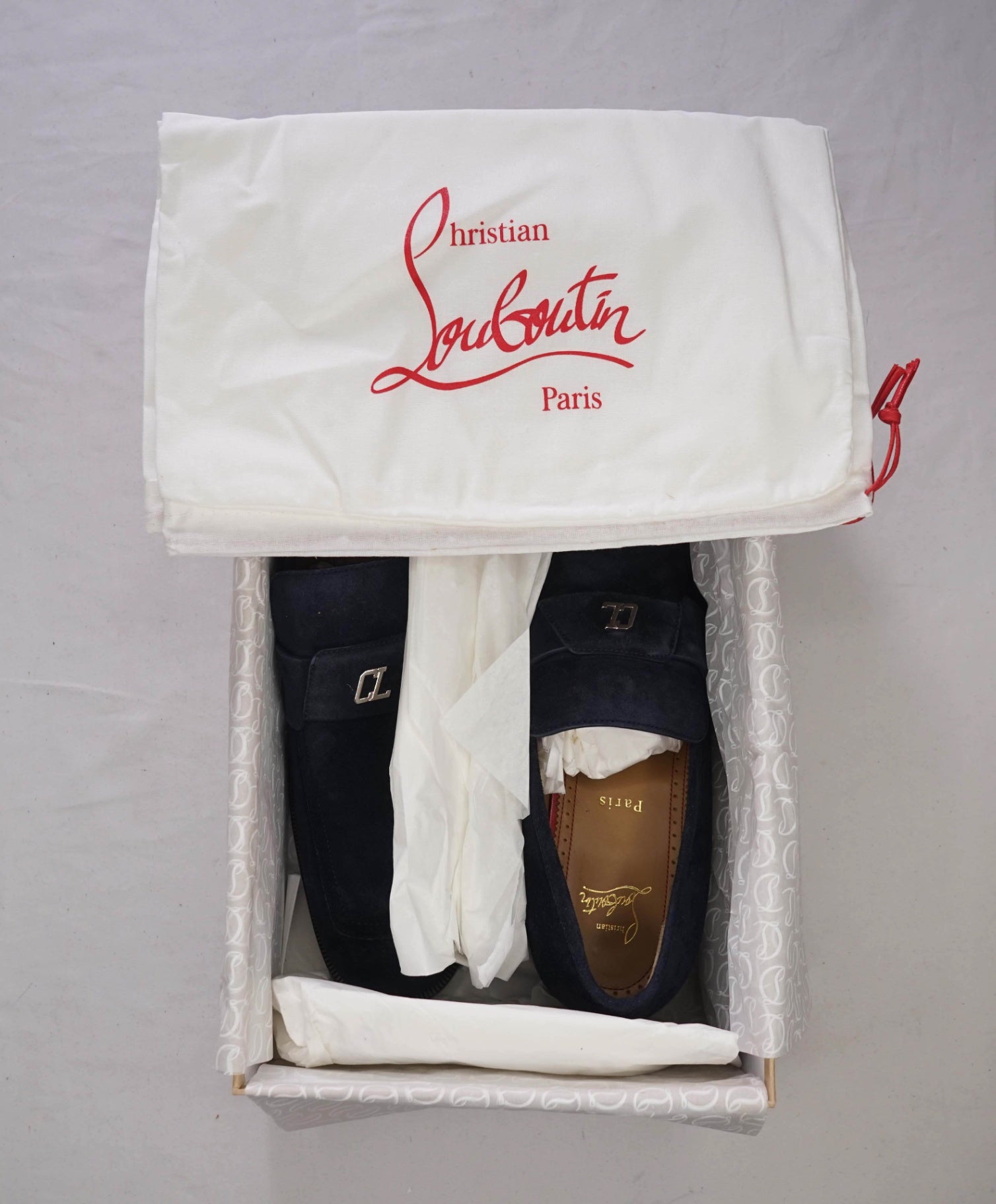 $1,100 CHRISTIAN LOUBOUTIN - Blue Suede "VARSIMOC" Loafers - US 12 (45EU)