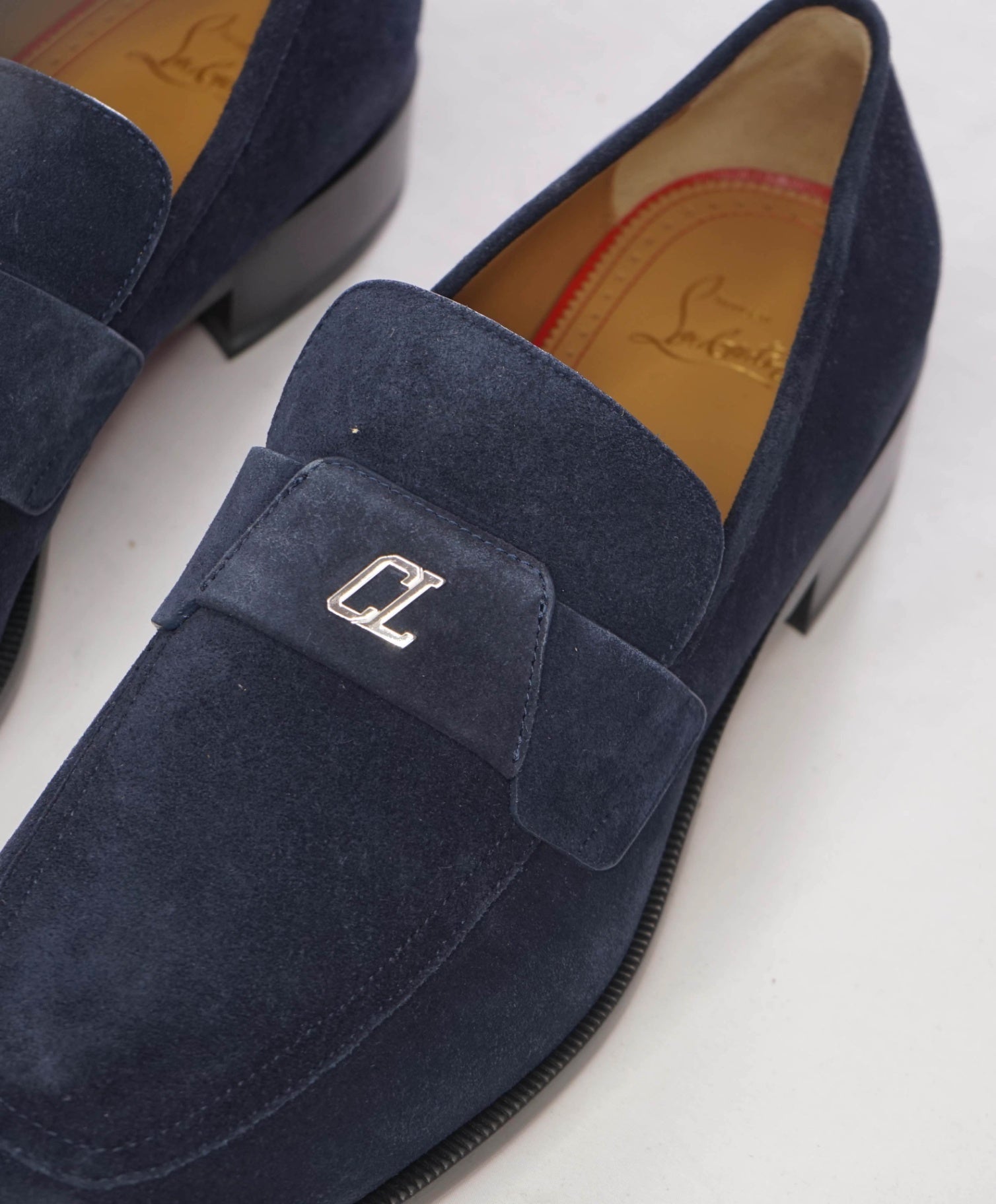 $1,100 CHRISTIAN LOUBOUTIN - Blue Suede "VARSIMOC" Loafers - US 12 (45EU)
