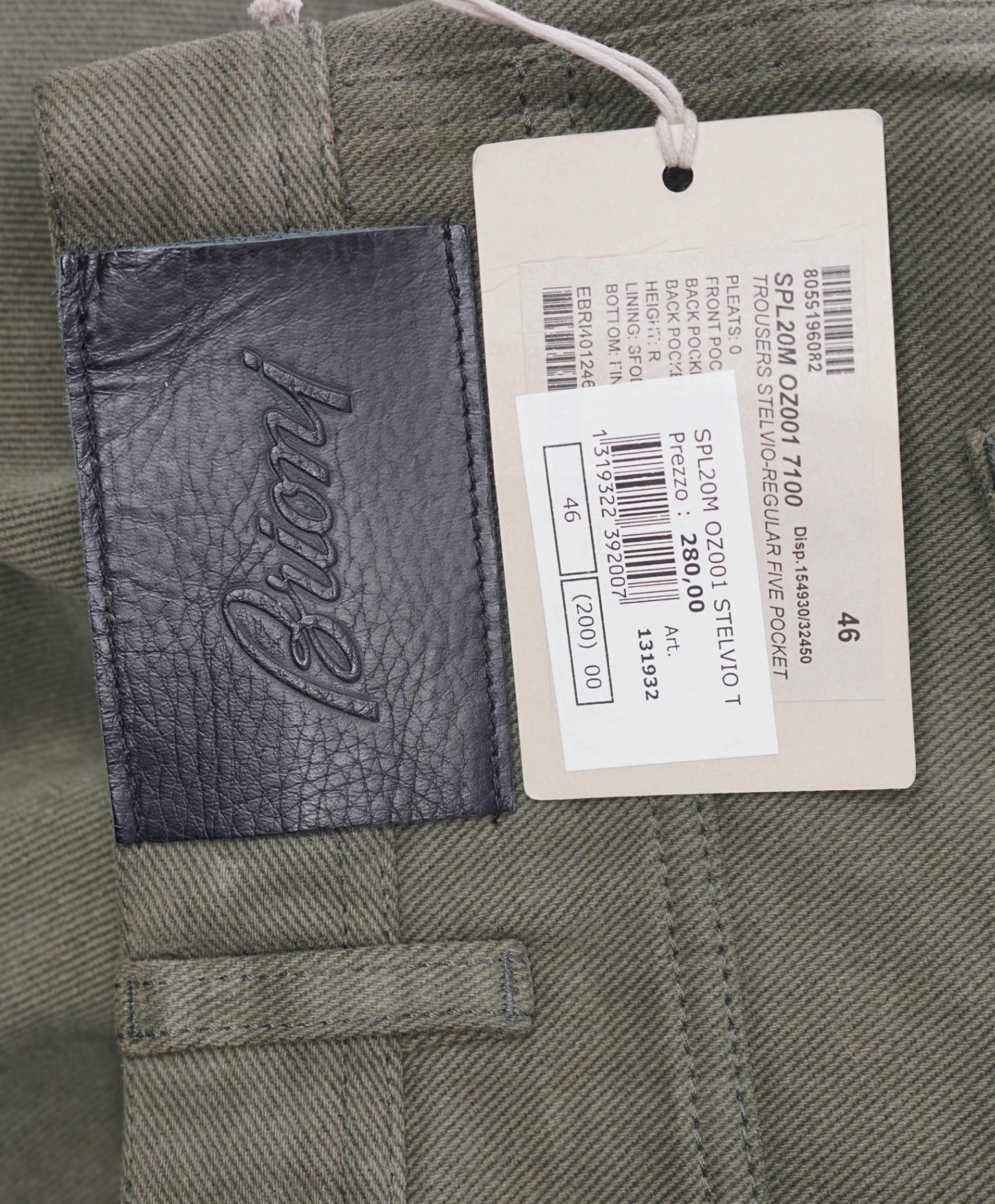 $1,095 BRIONI - Solid Green 5-Pocket Cotton Pants - 44W