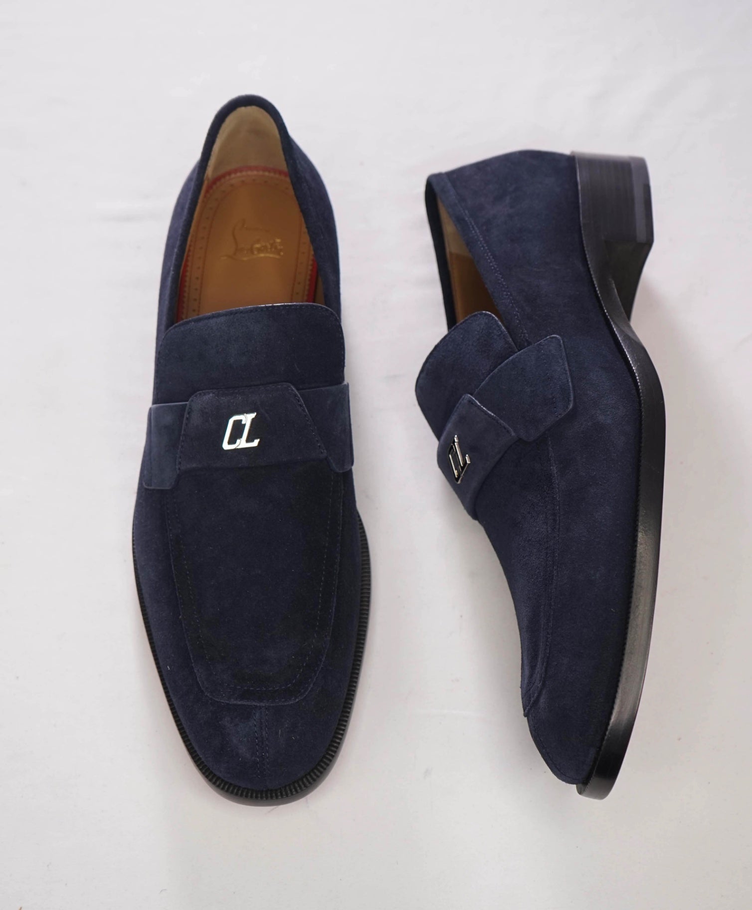 $1,100 CHRISTIAN LOUBOUTIN - Blue Suede "VARSIMOC" Loafers - US 12 (45EU)