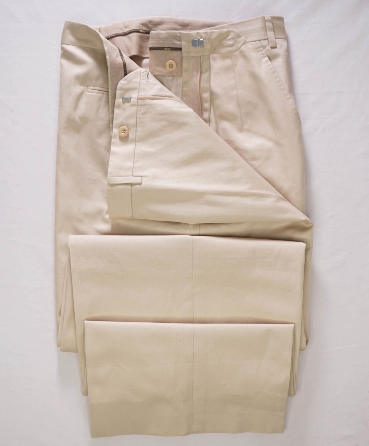 $725 BRIONI - Solid Khaki Cotton Flat Front Pants - 44W
