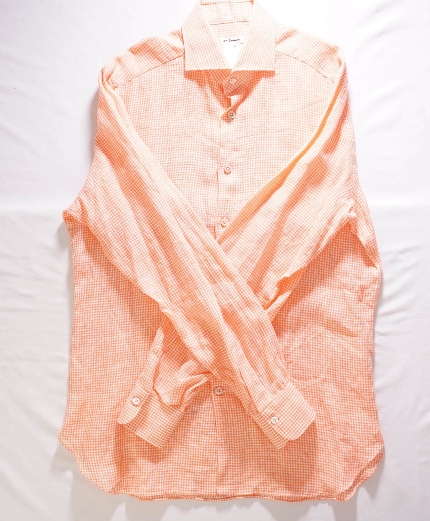 $1,320 KITON - Linen Orange Gingham MOP Button Shirt - 16 (41)