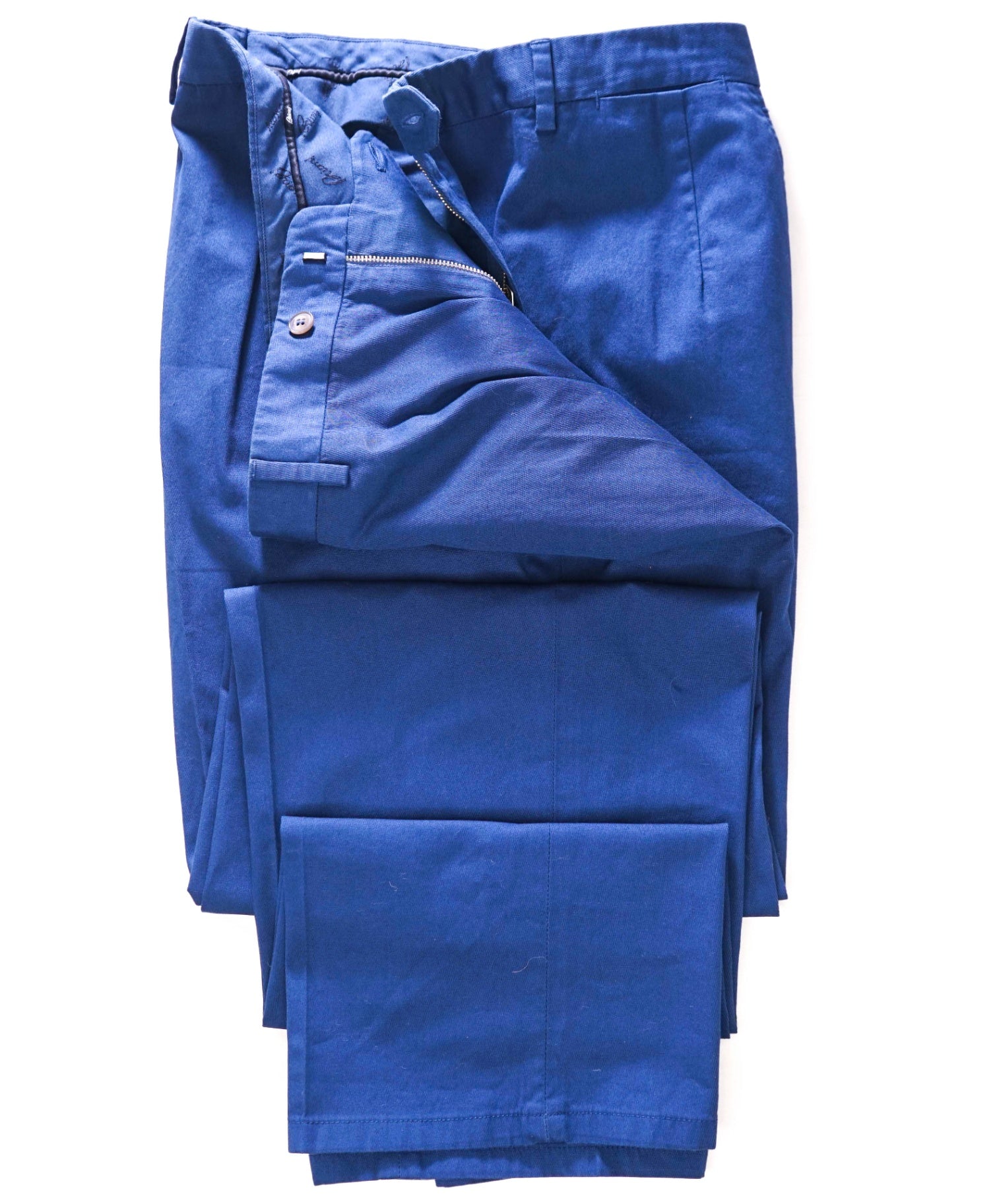 $995 BRIONI - Solid Blue Cotton Flat Front Pants - 42W