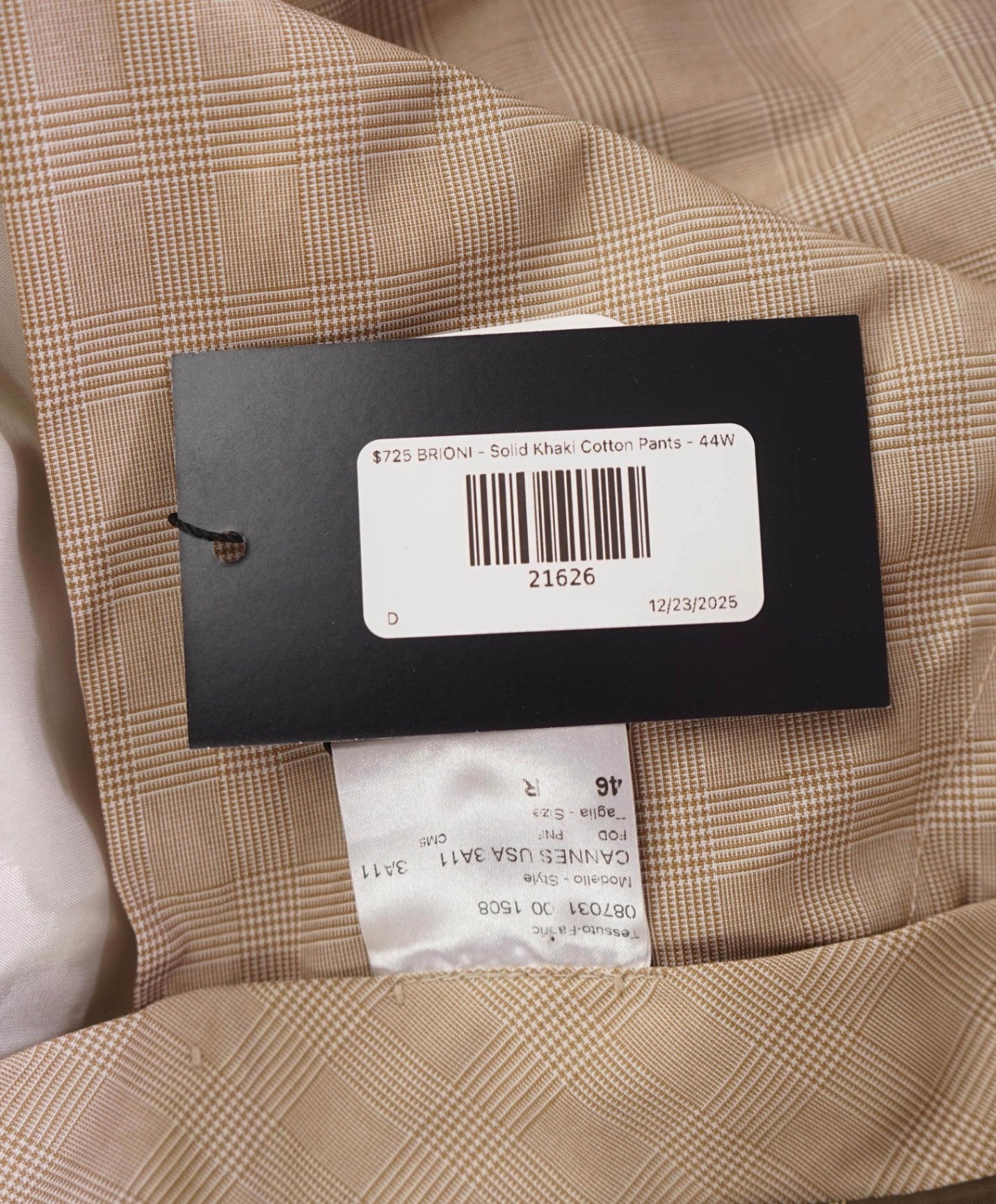 $725 BRIONI - Solid Khaki Cotton Flat Front Pants - 44W