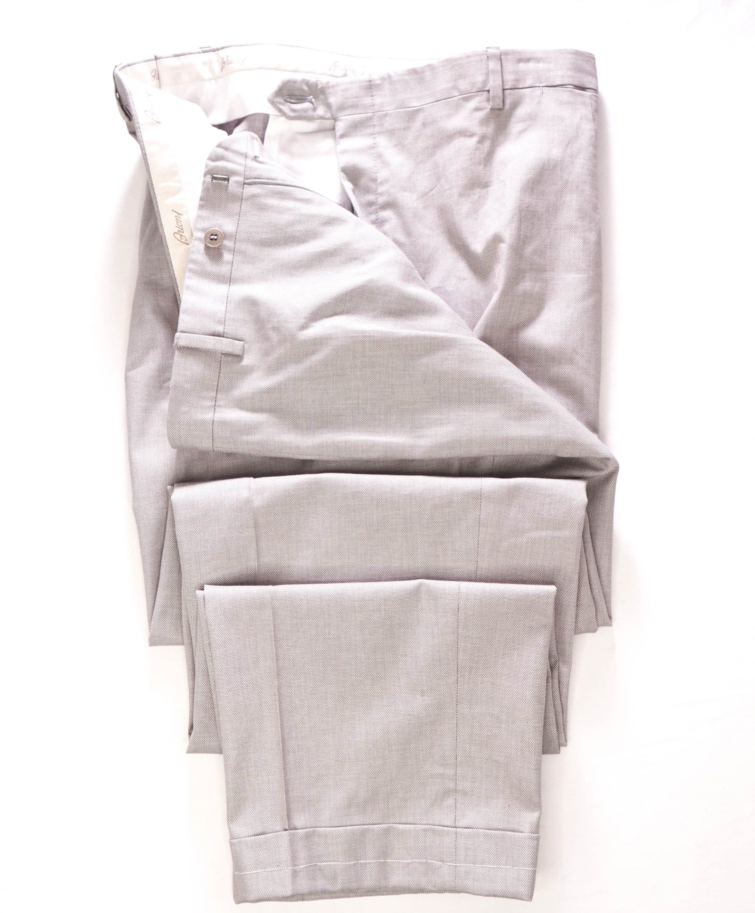 $1,095 BRIONI - Birdseye Gray Cotton Flat Front Pants - 44W
