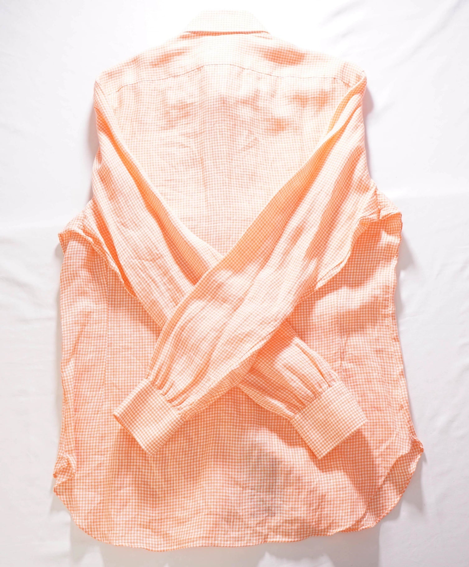 $1,320 KITON - Linen Orange Gingham MOP Button Shirt - 16 (41)