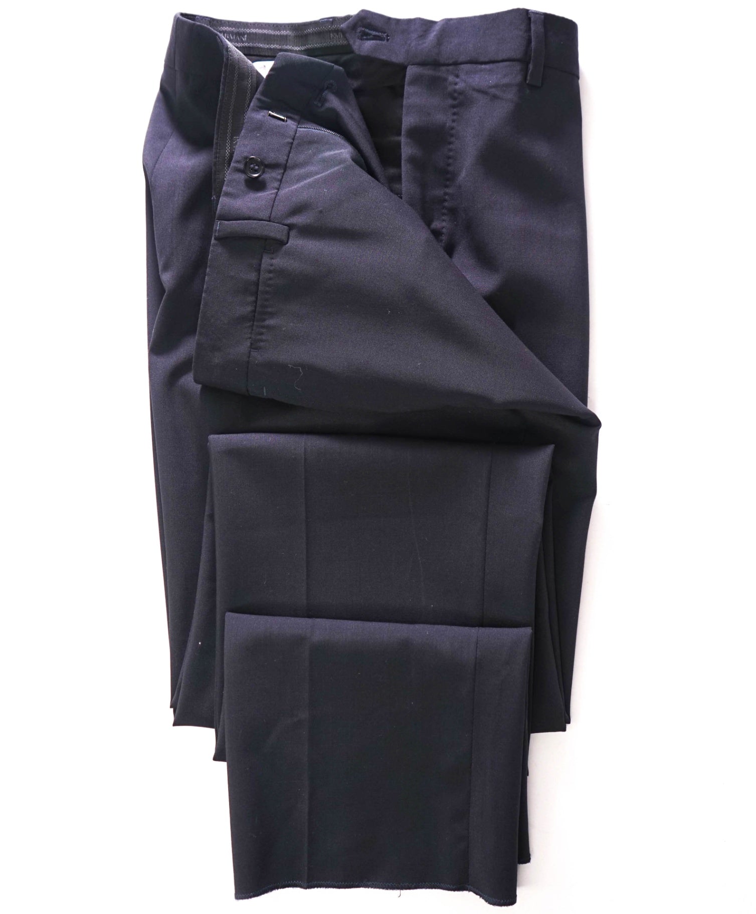 $495 EMPORIO ARMANI - Solid Navy Wool Flat Front Pants - 36W