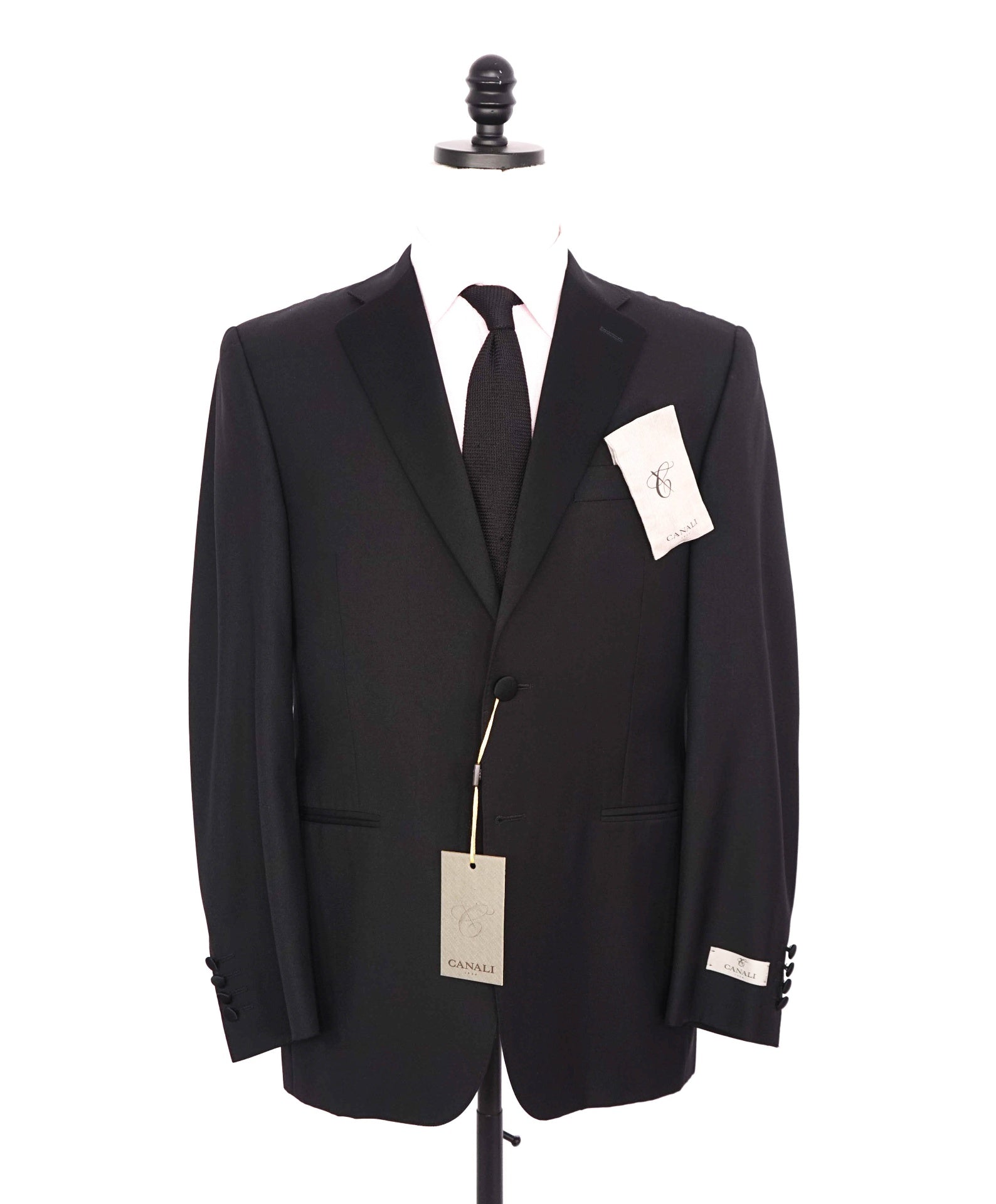 $2,195 CANALI - Solid Black Wool Notch Lapel Tuxedo - 38R US