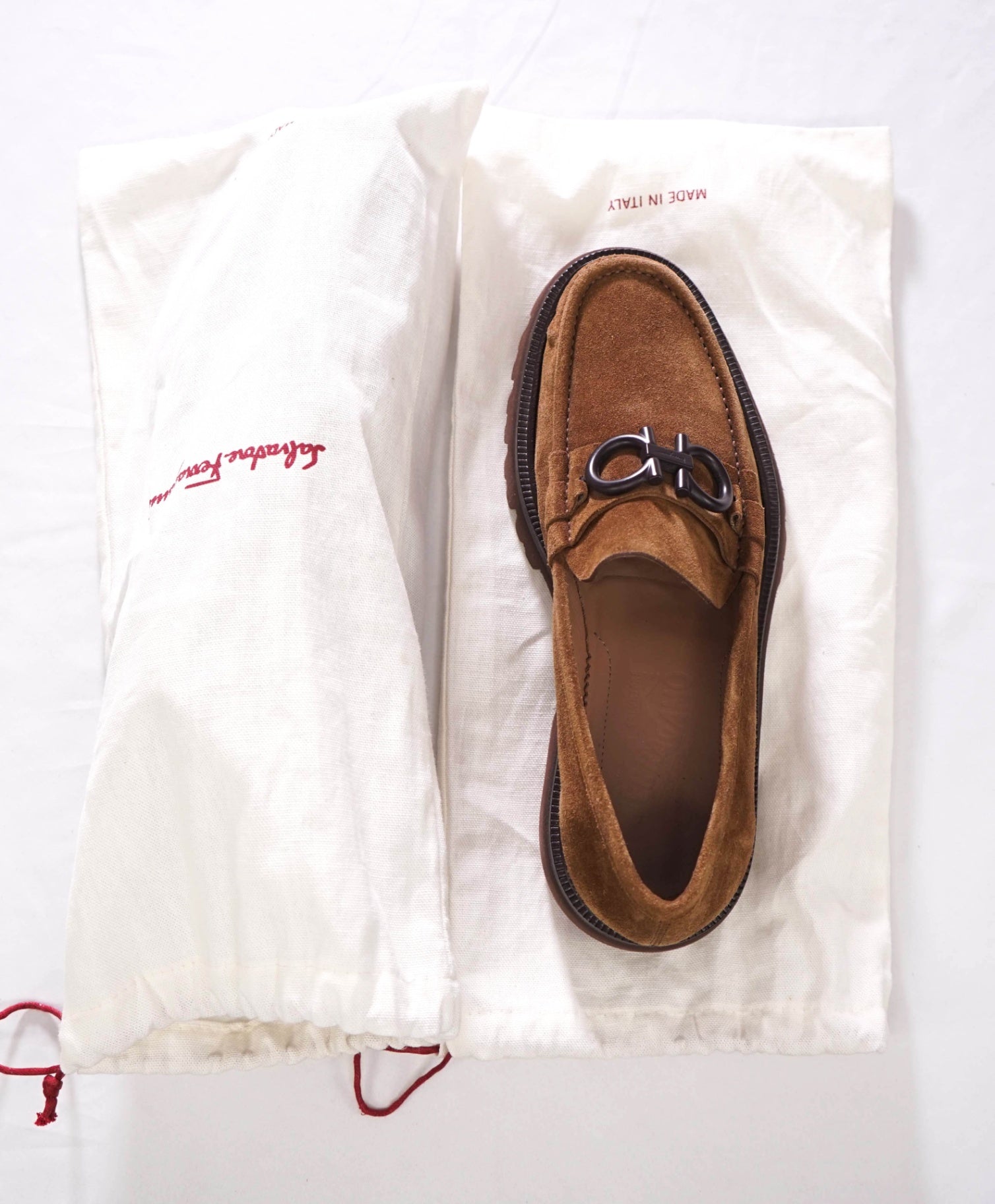 $930 FERRAGAMO - "BLEEKER" Brown Suede Lug Sole Loafers - 8 EE