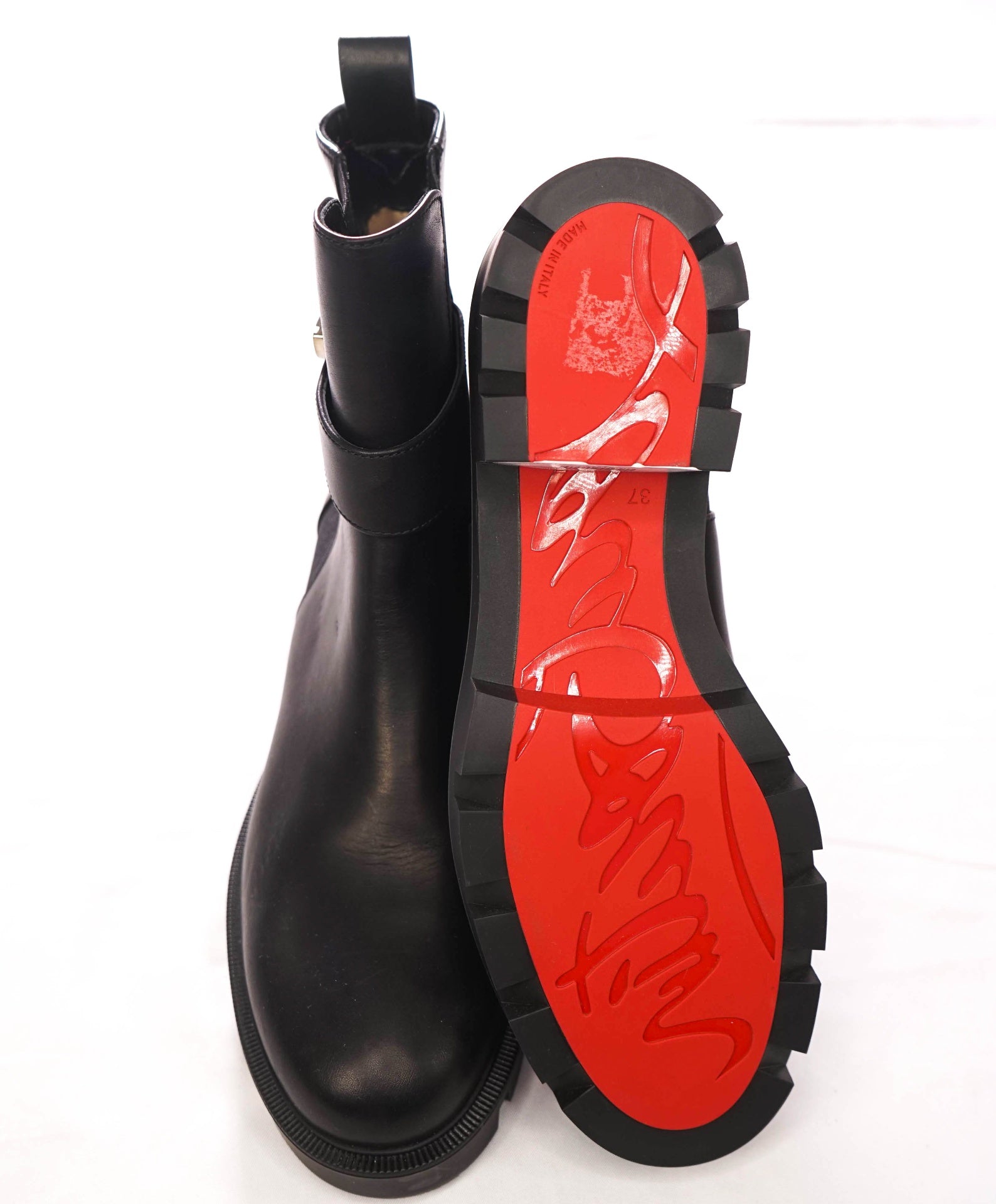 $1,295 CHRISTIAN LOUBOUTIN - Black Leather Lug Boots - US 7 (37EU)