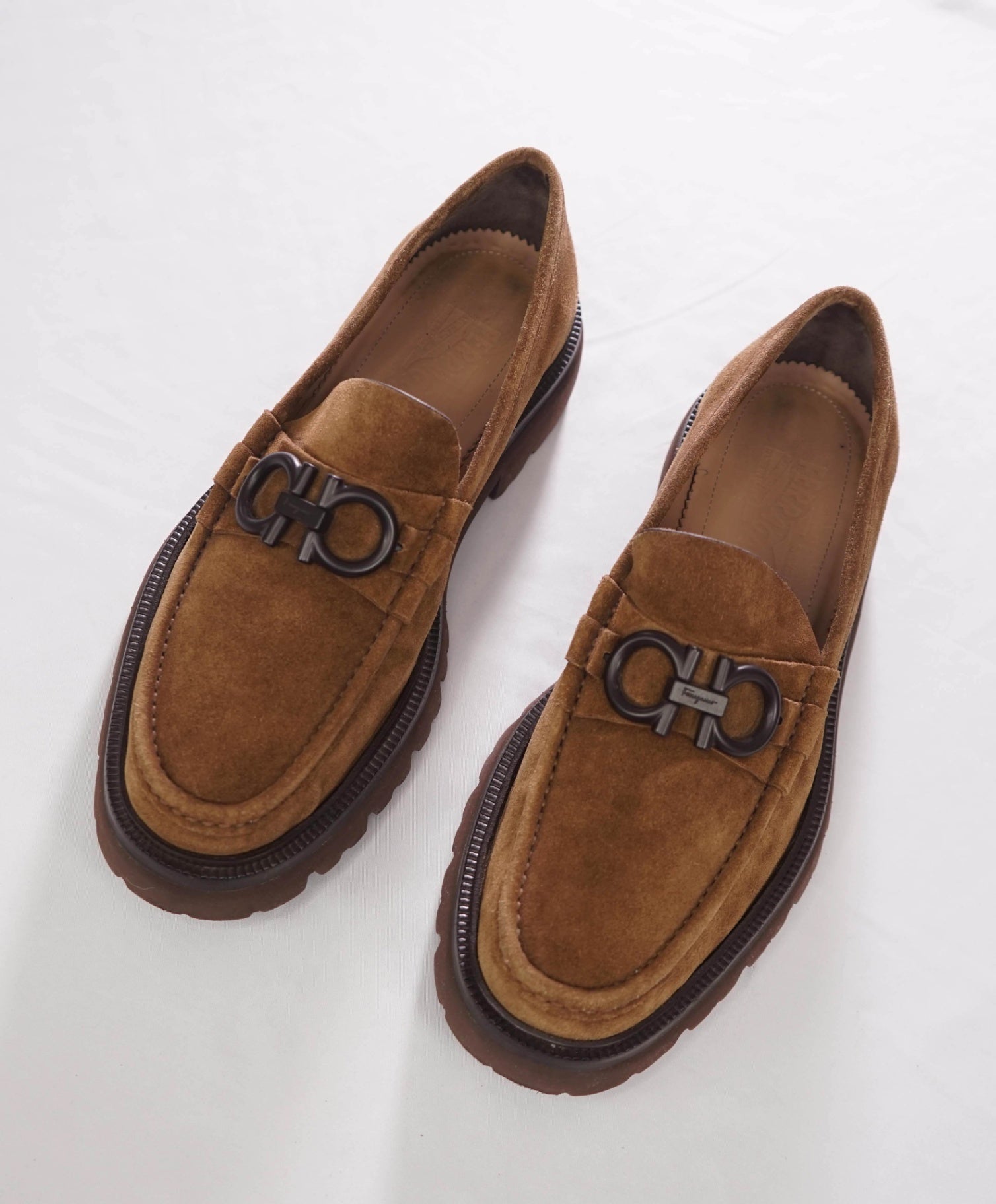 $930 FERRAGAMO - "BLEEKER" Brown Suede Lug Sole Loafers - 8 EE