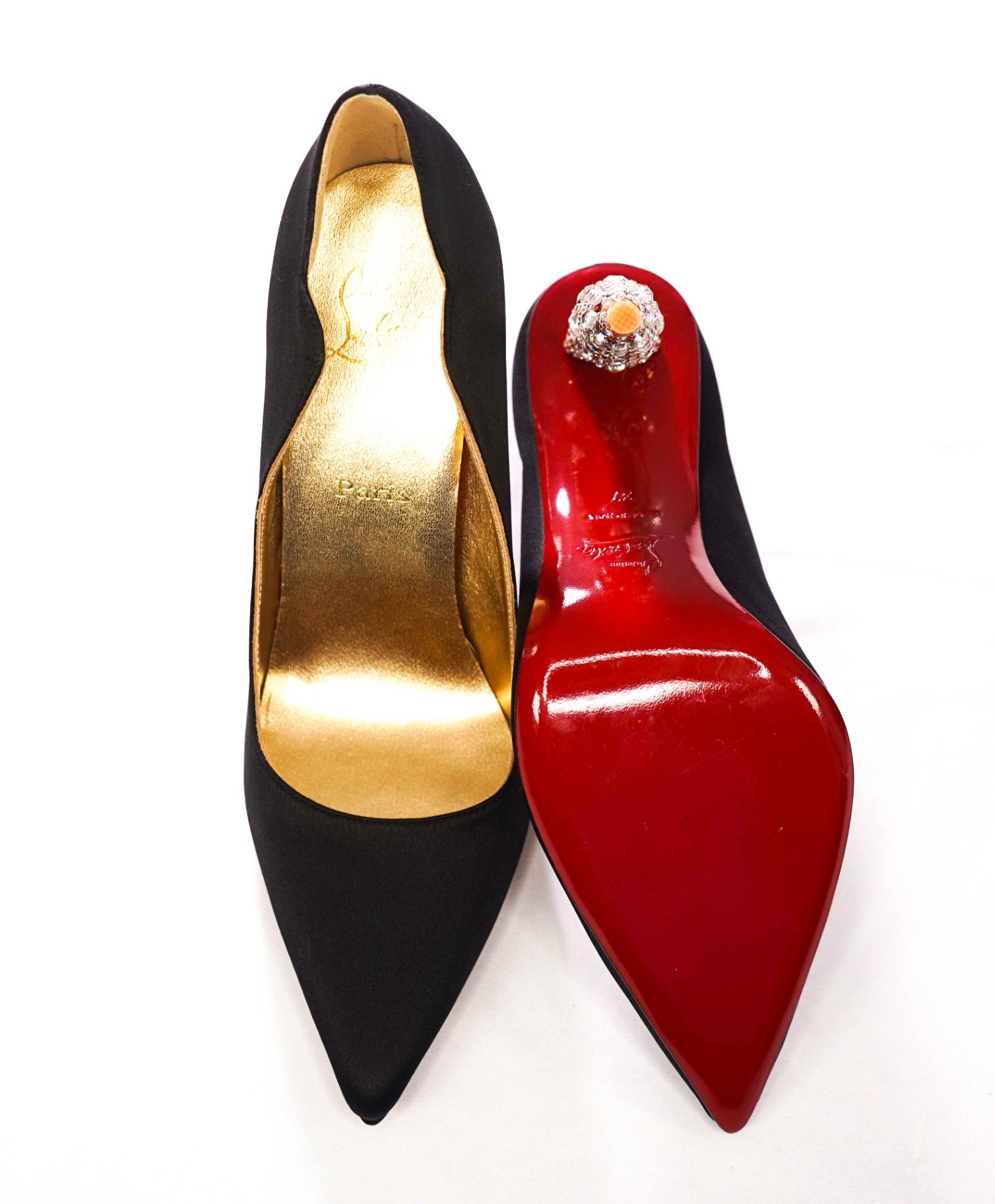 $1,495 CHRISTIAN LOUBOUTIN - Black Satin Crystal Embellished 100mm *HOT CHICK* Pumps - US 7 (37EU)