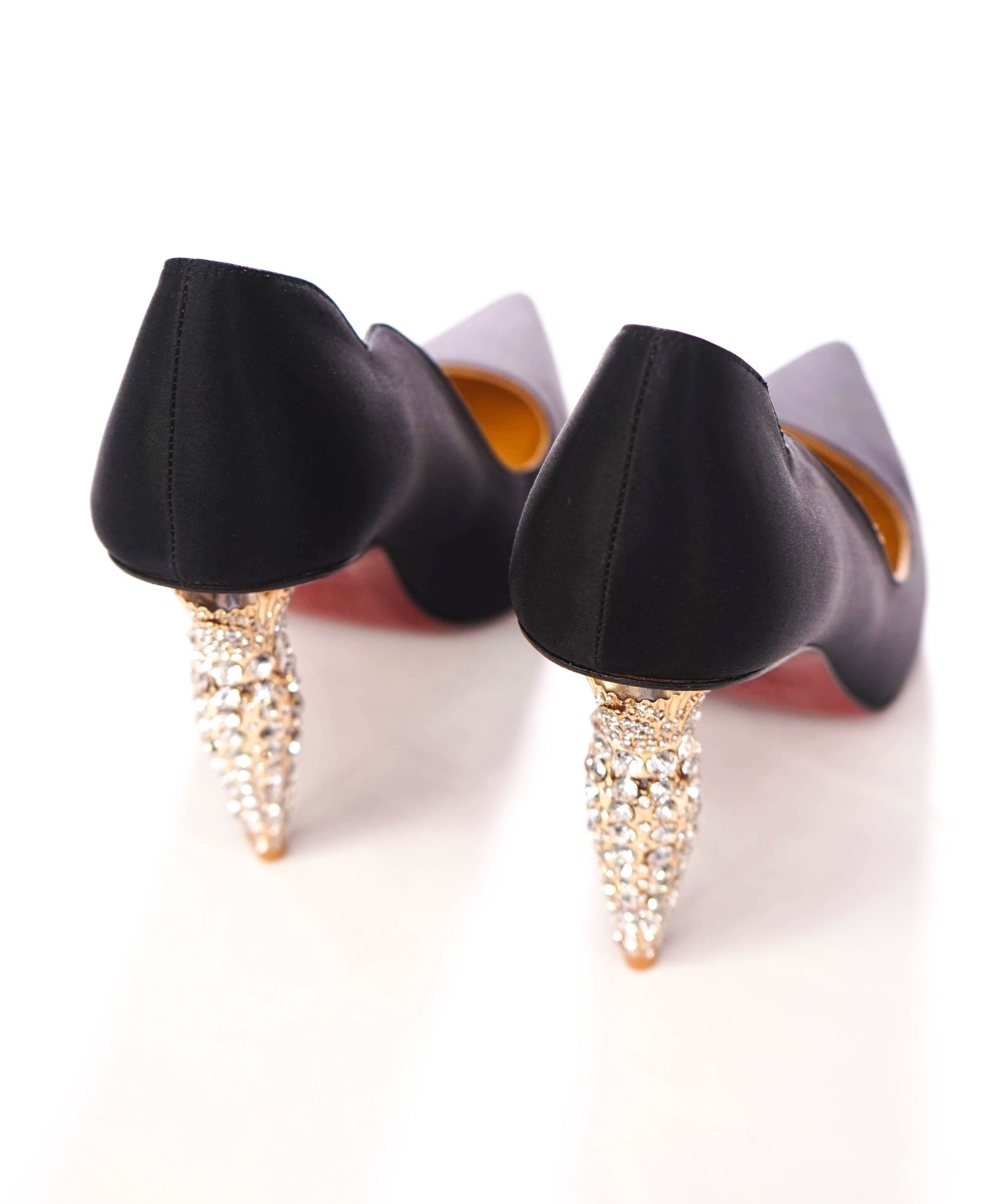 $1,495 CHRISTIAN LOUBOUTIN - Black Satin Crystal Embellished 100mm *HOT CHICK* Pumps - US 7 (37EU)
