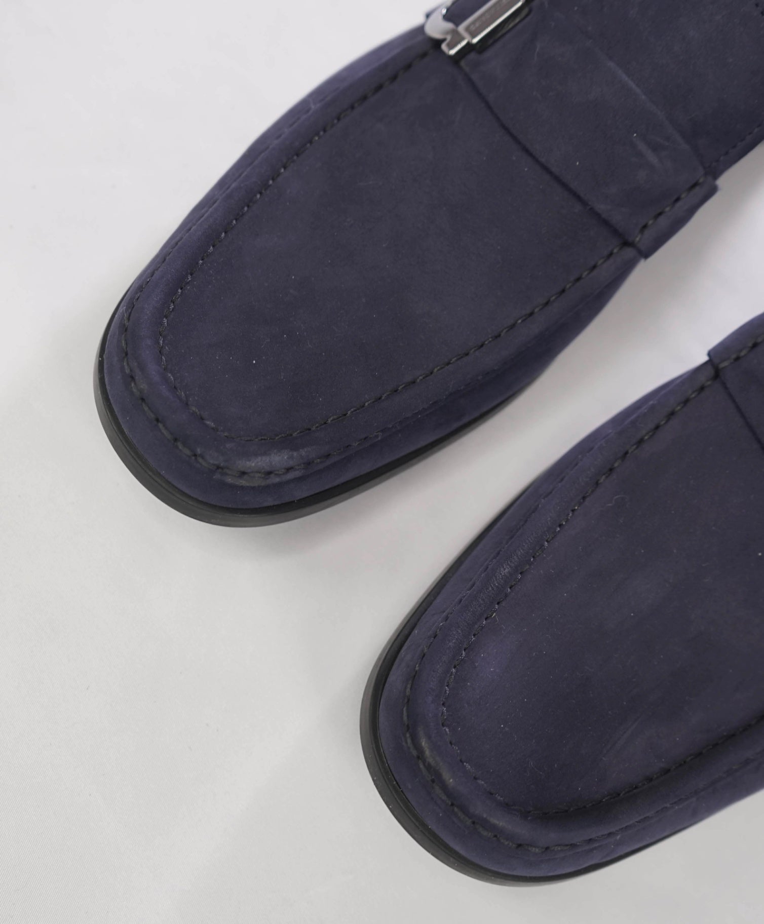 $950 FERRAGAMO - Navy Blue Suede "CASPIAN" Loafers - 11 E
