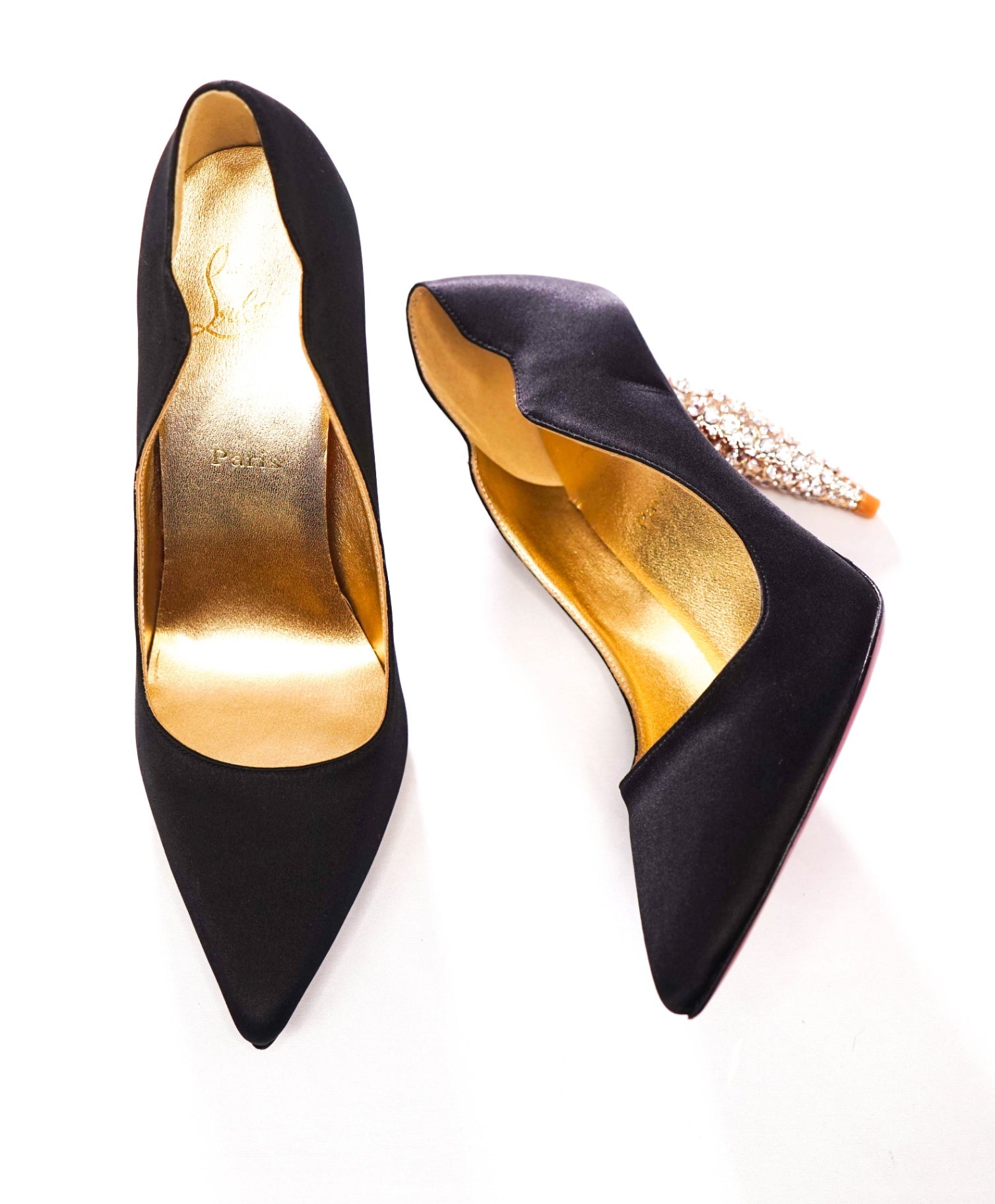 $1,495 CHRISTIAN LOUBOUTIN - Black Satin Crystal Embellished 100mm *HOT CHICK* Pumps - US 7 (37EU)