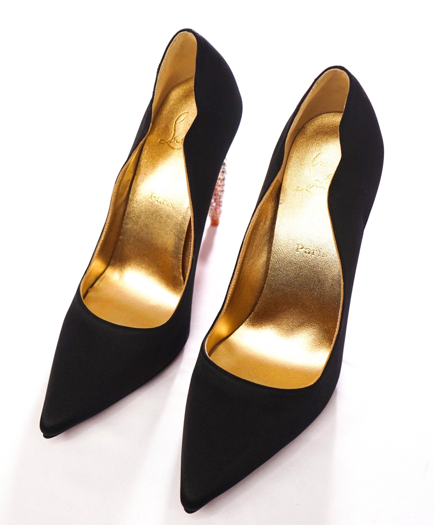 $1,495 CHRISTIAN LOUBOUTIN - Black Satin Crystal Embellished 100mm *HOT CHICK* Pumps - US 7 (37EU)