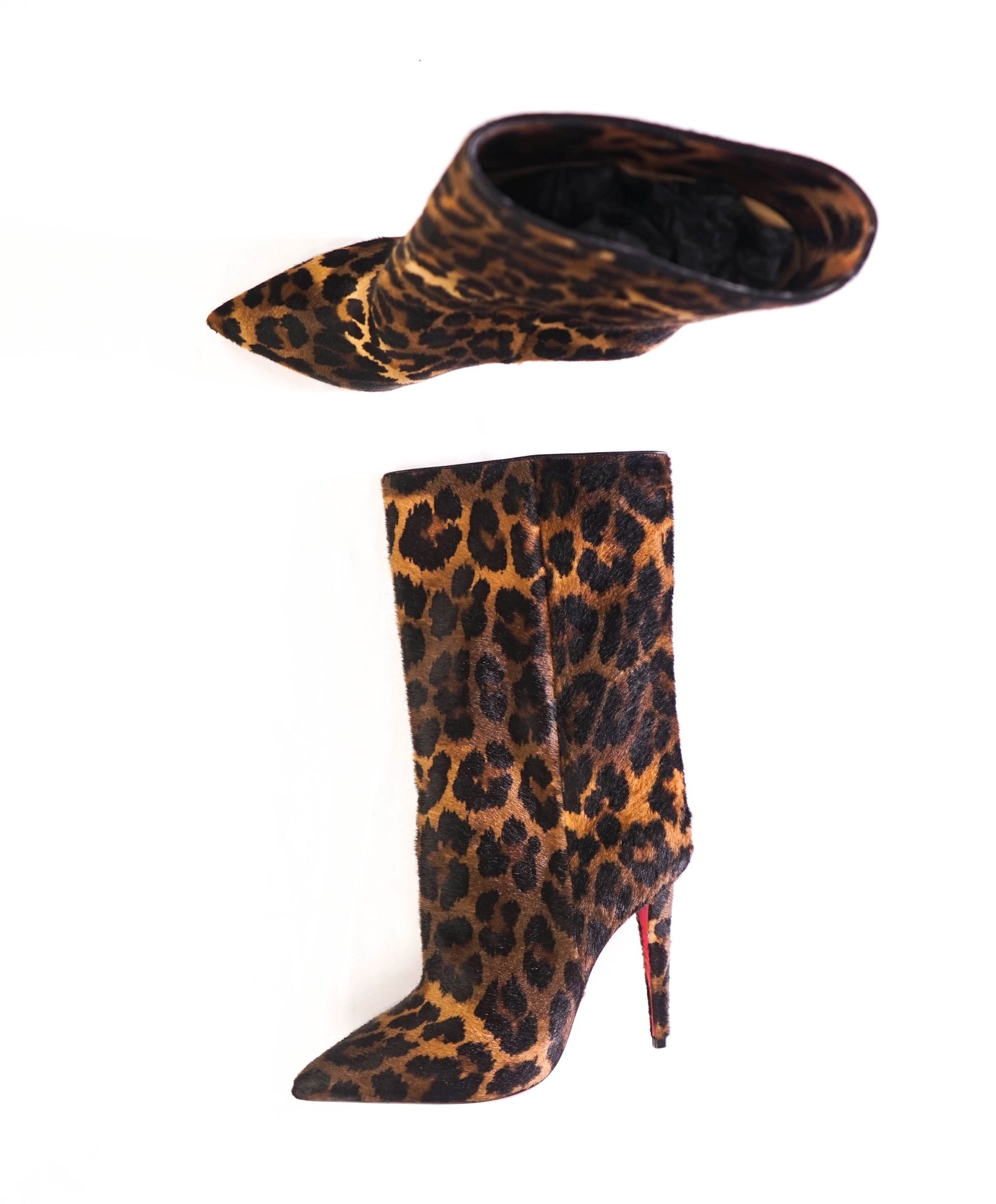 $1,995 CHRISTIAN LOUBOUTIN -  "ASTRYLARGE" Leopard Pony Hair 100mm Boots - US 7.5 (37.5EU)