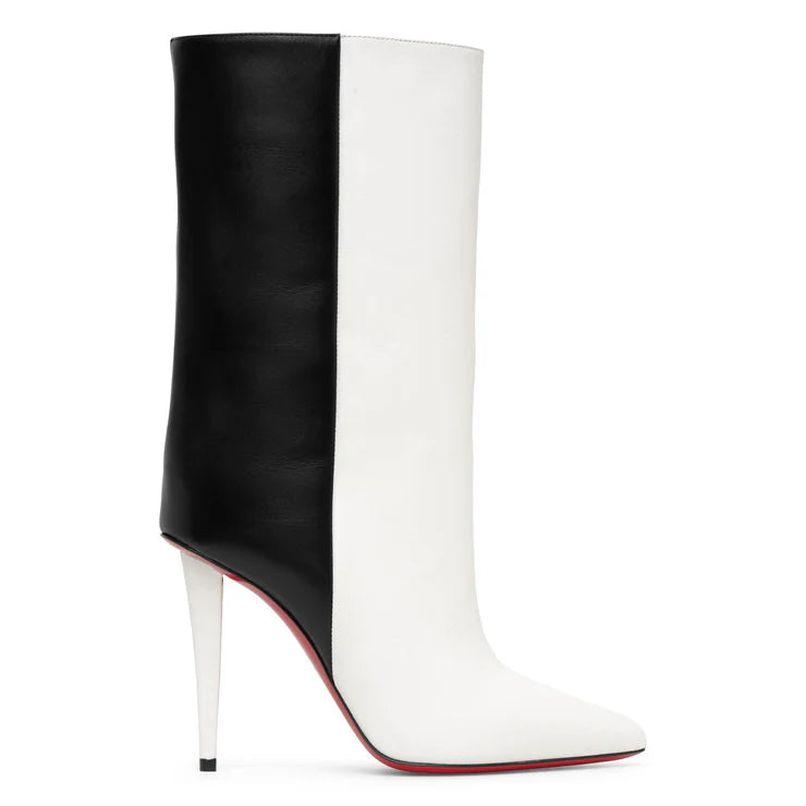 $1,595 CHRISTIAN LOUBOUTIN - Two-Tone Black/White Leather "ASTRILARGE BOOTY" 100mm Boots - US 6.5 (36.5EU)